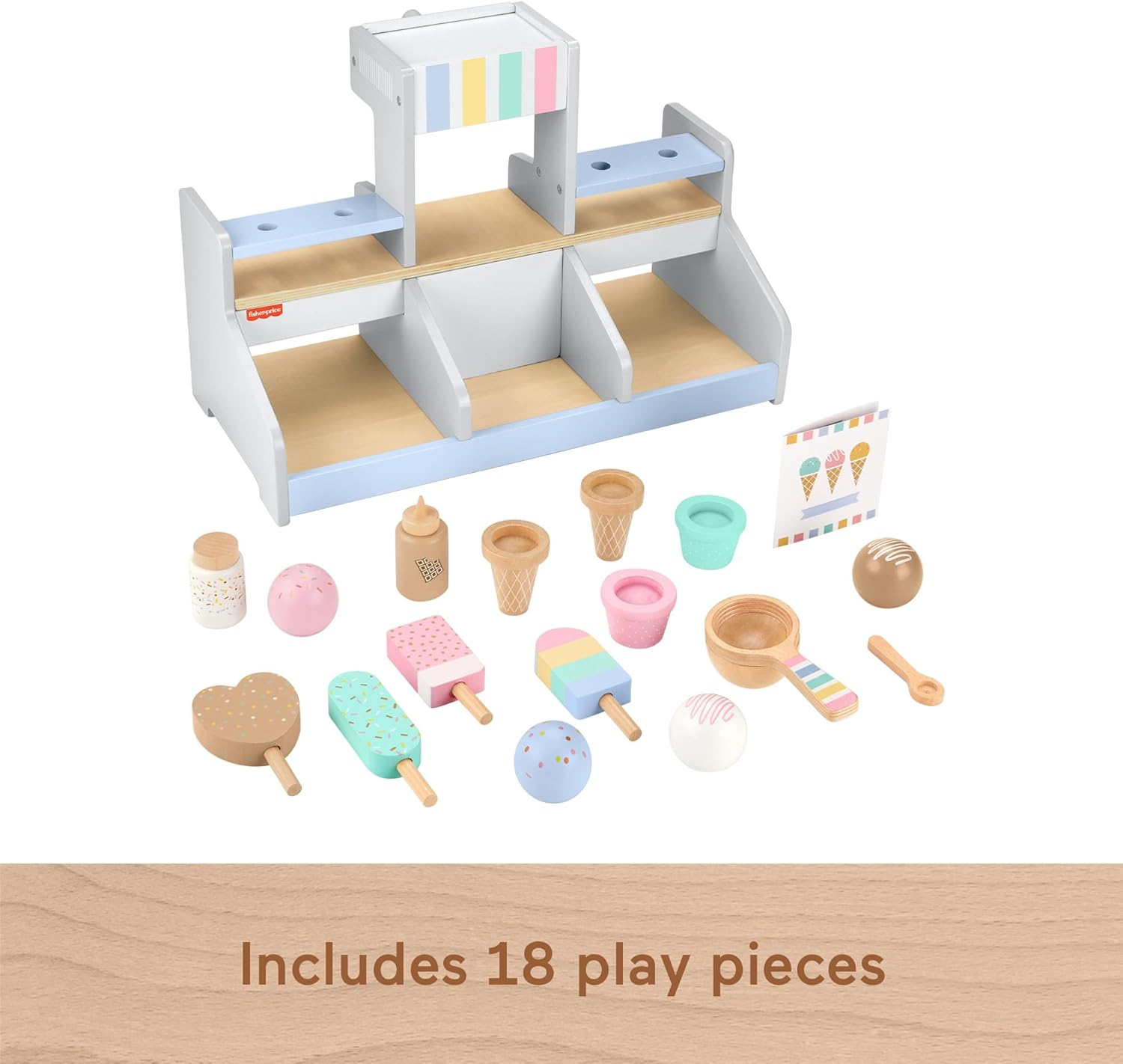 Fisher-Price Preschool Toy Wooden Ice Cream Shop Playset, 18 Wood Pieces for Pretend Play Ages 3+ Years image number 4