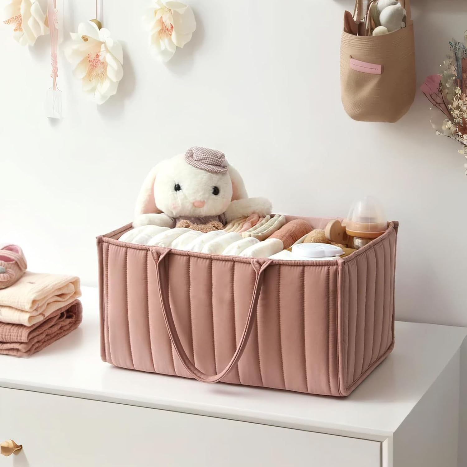 Nappy Caddy，Baby Diaper Caddy Organizer, Holds Wipes, Nappy Storage Basket, Portable Baby Organiser (Pink) image number 2