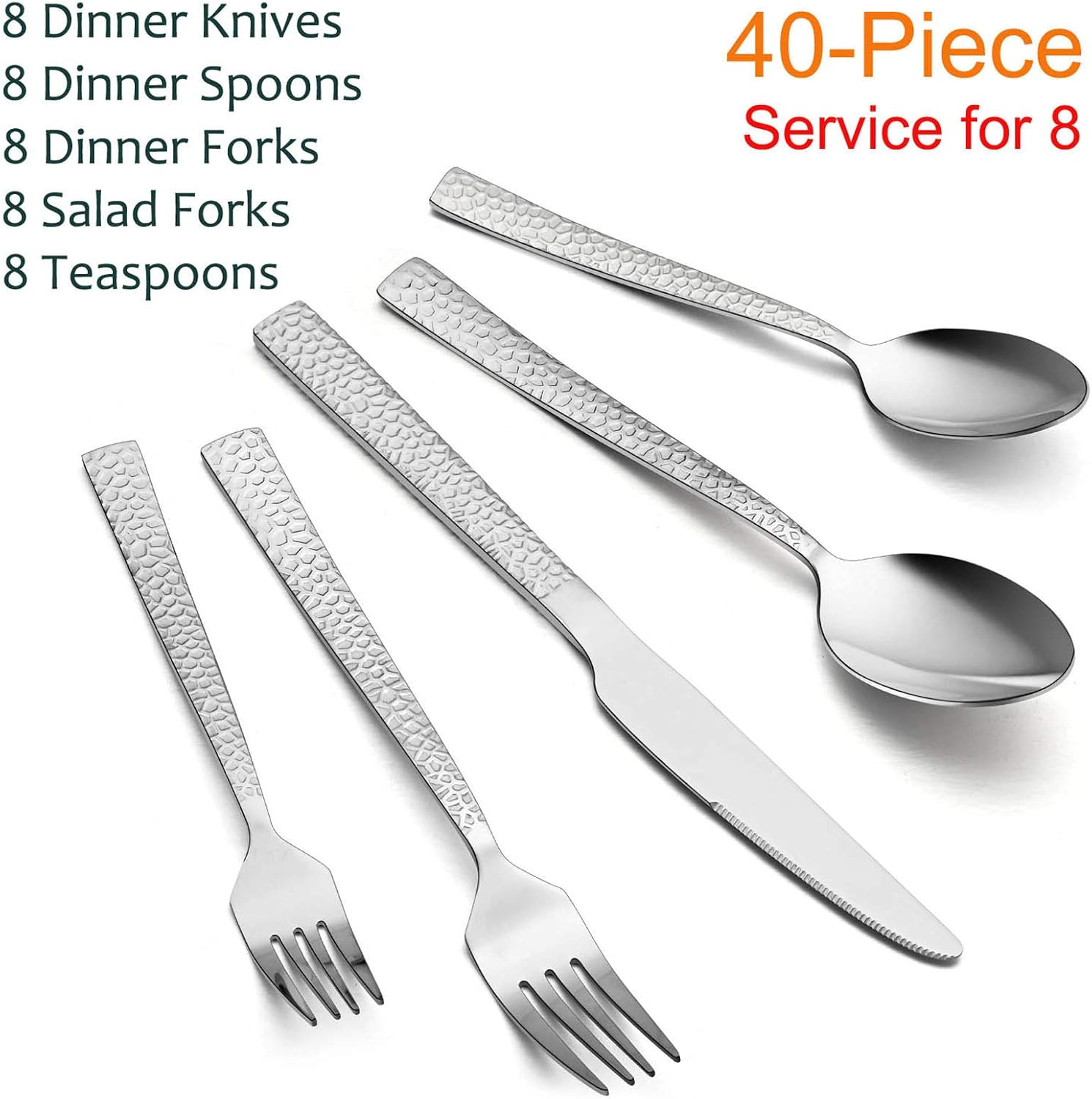 E-Far Hammered Silverware Set, 40-Piece Stainless Steel Square Flatware Set for 8, Metal Tableware Cutlery Set Includes Dinner Knives/Forks/Spoons, Modern Design & Mirror Polished - Dishwasher Safe image number 6