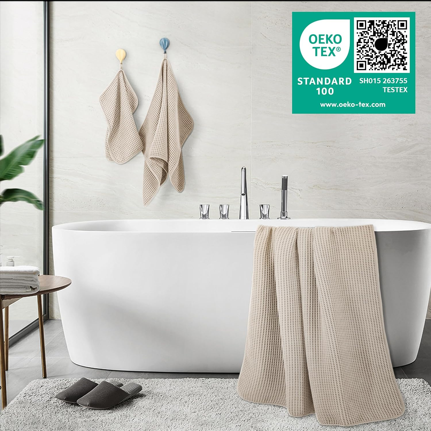 Polyte Microfibre Oversize, 76 X 152 Cm, Quick Dry Lint Free Bath Towel Set, 6 Piece (Beige, Waffle Weave) - Blue image number 2