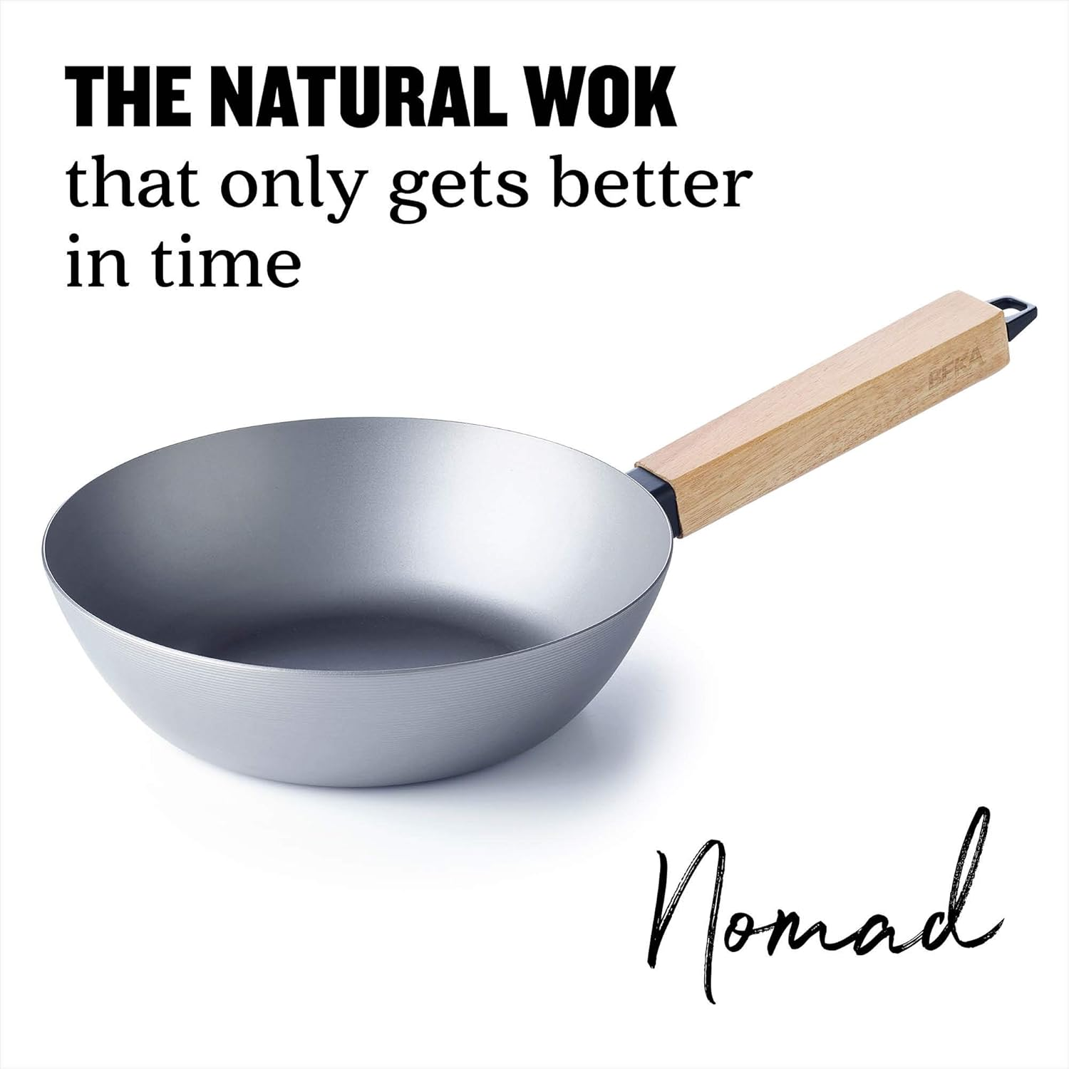 Beka Nomad Collection Carbon Steel Wok Pan for Induction Cookers and Barbecues with Heat-Resistant Wooden Handle without Lid 20 Cm Base Diameter 11.8 Cm Natural Coating