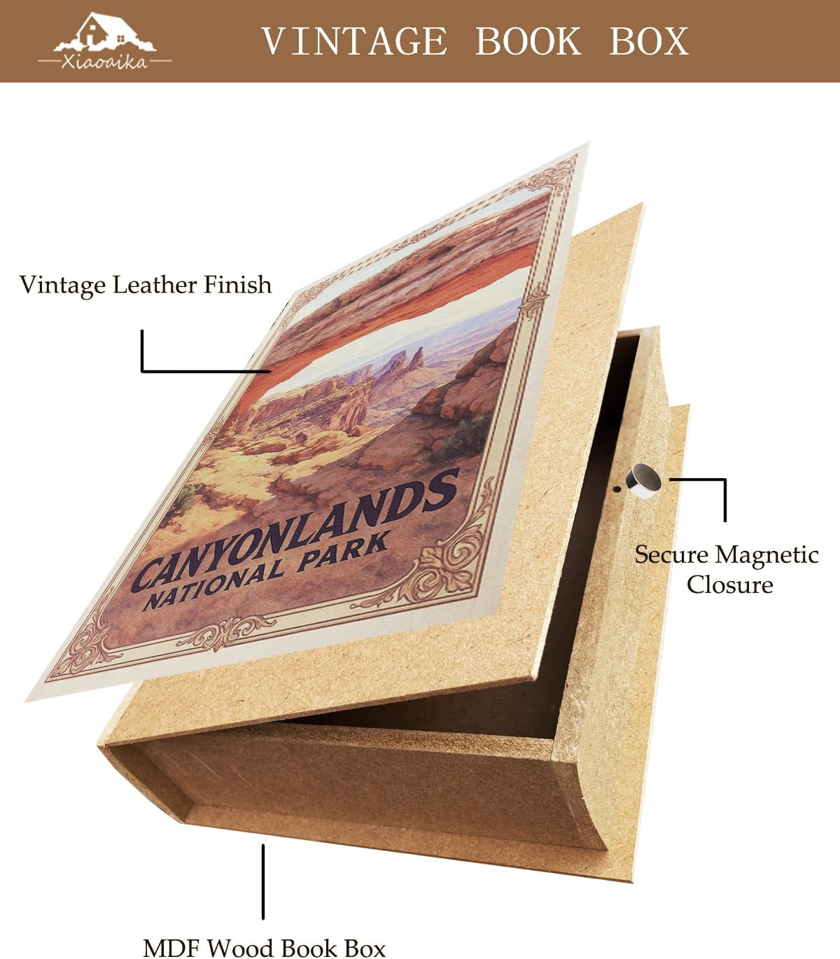 Decorative Wooden Book Box - Vintage Faux Book Boxes with National Park Design, Secret Storage with Magnetic Closure, Leather Cover, Perfect for Home Office Bookshelf (1 X Canyonlands)