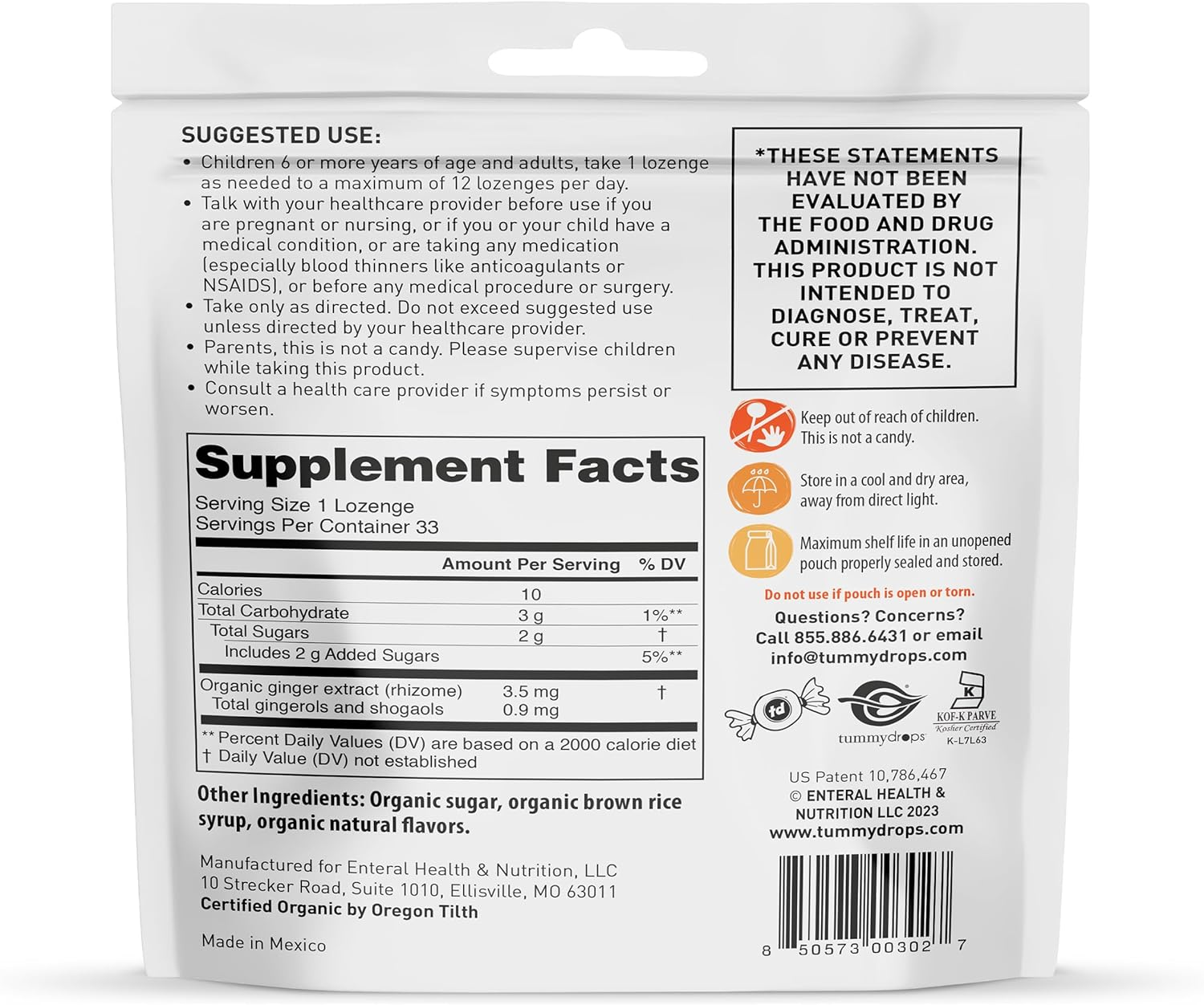 Natural Ginger Tummydrops (Resealable Bag of 33 Individually Wrapped Drops) Certified Oregon Tilth USDA Organic, Non-Gmo Project, GFCO Gluten-Free, and KOF-K Kosher image number 5