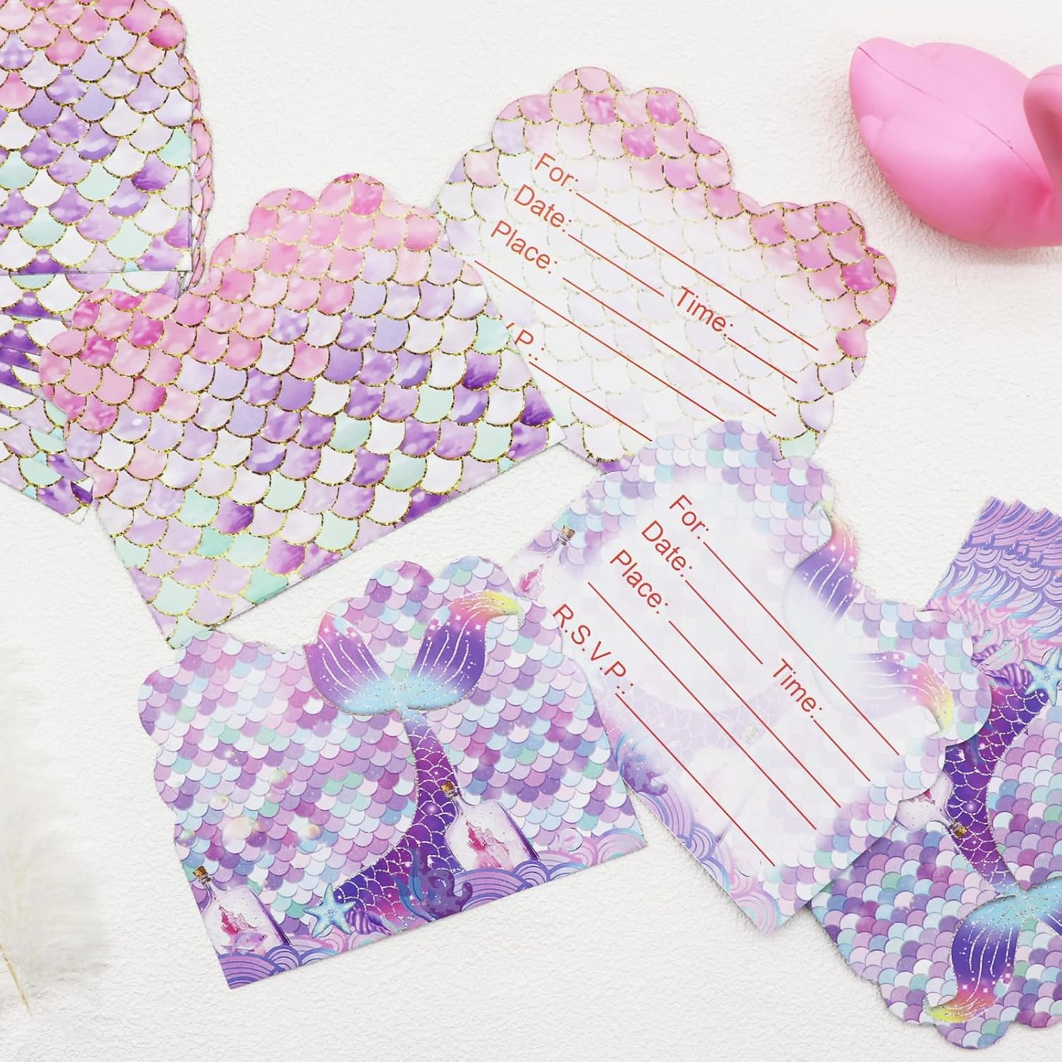 40Pcs Birthday Invitations for Girls, Lovely Mermaid Themed Party Invitations Cards, Kids Party Invitations for Girls Double-Sided Printed (Pink) image number 4
