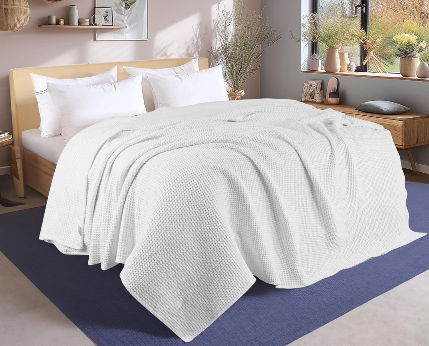 Tex Trend Luxury 100% Cotton Blanket - Soft Blankets King Size for Bed, Sofa & Couch - Breathable Blanket for Summer - All Season Cotton Thermal Blanket (White, King) image number 6