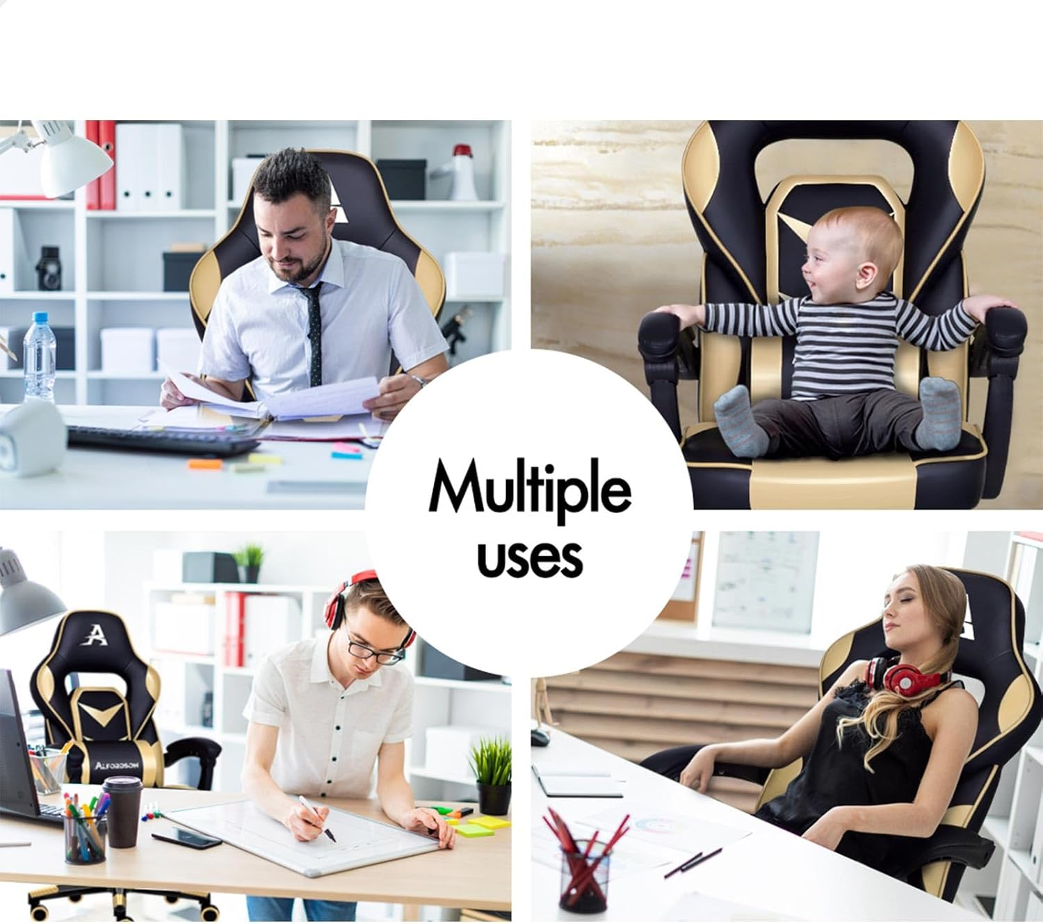 ALFORDSON Gordon Gold Video Gaming Chair with 2-Point Massage, Armrest Headrest, PU Leather Racing Sport Chair with Footrest, High Back Home Executive Office Study Seater - Blue image number 2