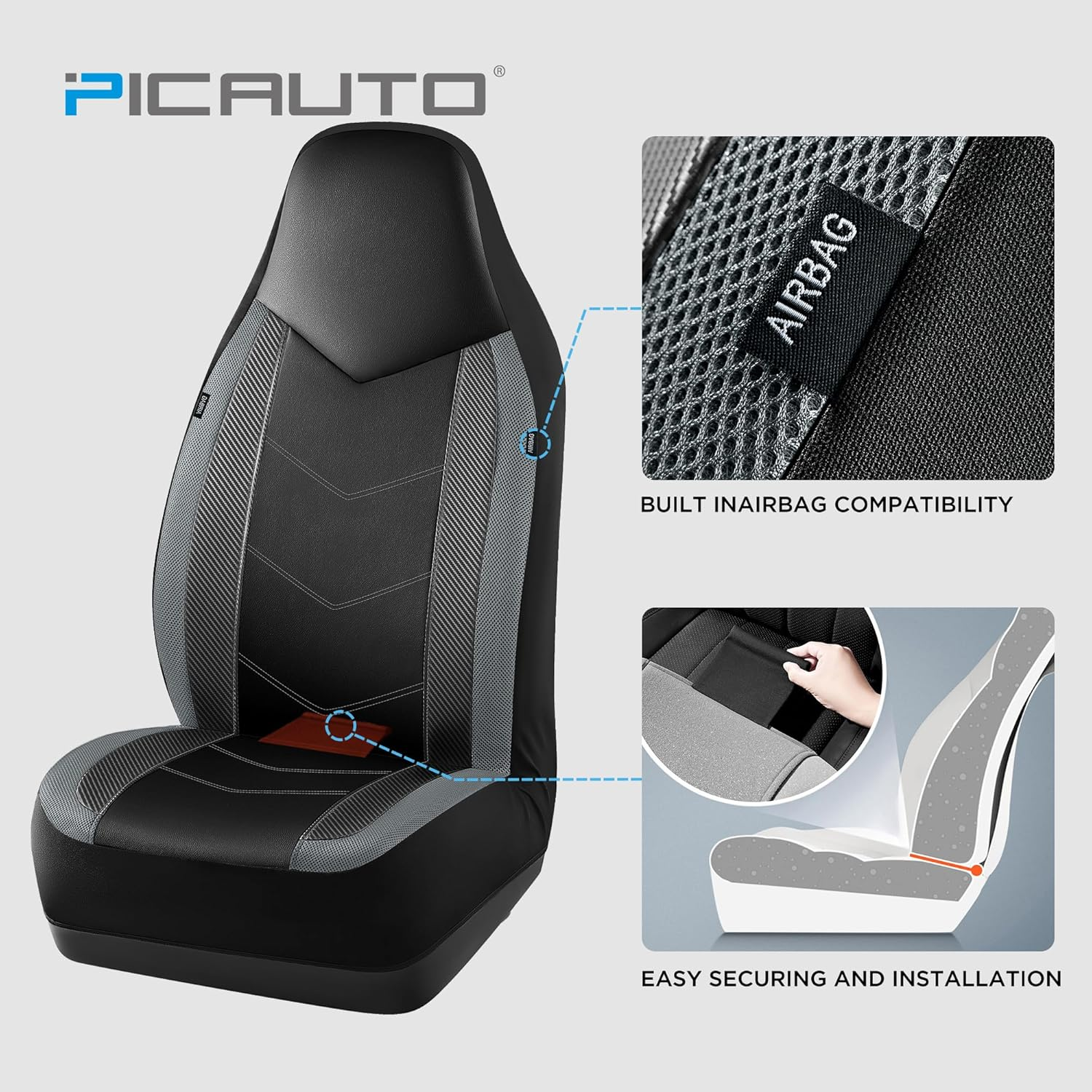 PIC AUTO Leather Car Seat Covers, Sports Carbon Fiber & Mesh Design, High-Back Full Set, Waterproof Automotive Seat Covers, Airbag Compatible, Universal Fit for Cars, Suvs, Trucks (Black & Gray)