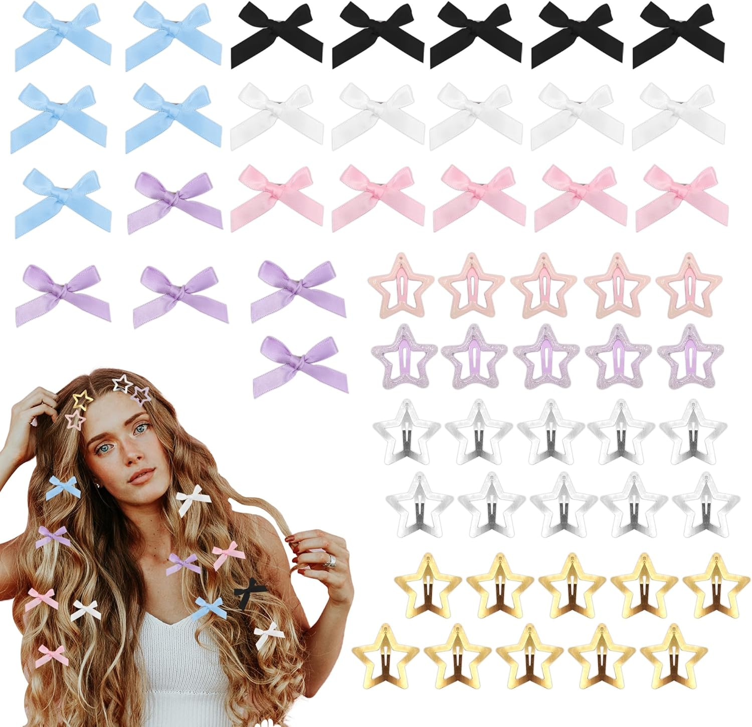 25 PCS Small Hair Bows, 30 PCS No Slip Star Hair Clips, Cute Bow Hair Clips for Women, Metal Star and Satin Bow Barrettes for Hair Decor (Colorful) image number 2