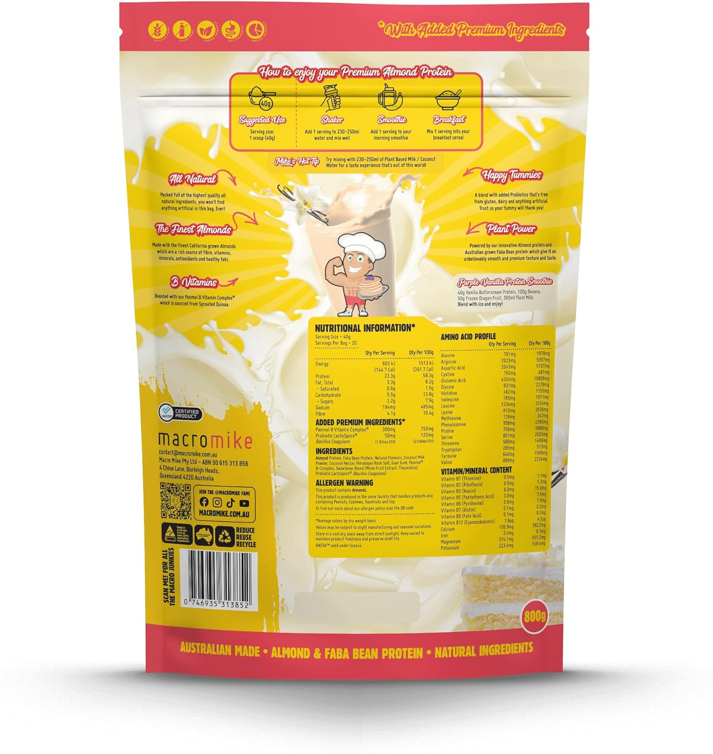 Macro Mike Vanilla Buttercream Premium Almond Protein 800 G image number 1