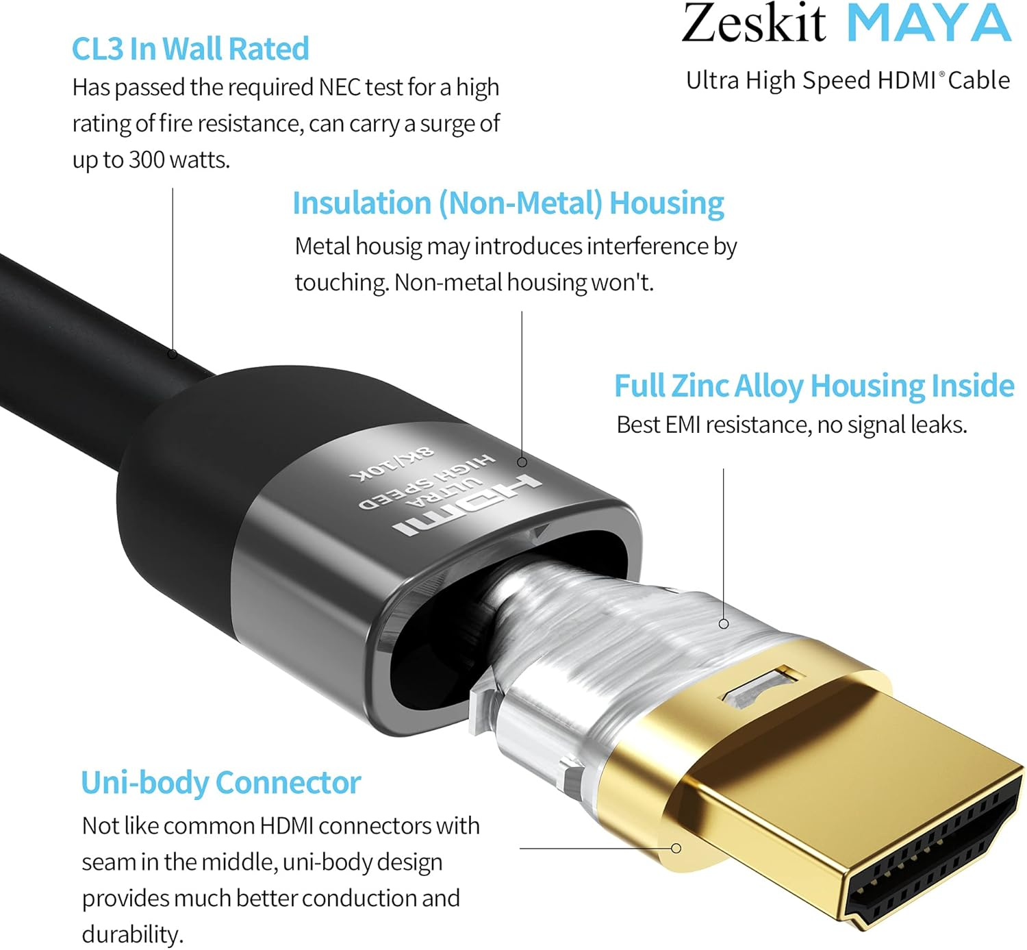 Zeskit Maya 8K 48Gbps Certified Ultra High Speed HDMI Cable 13Ft CL3 in Wall Rated, 4K120 8K60 Earc HDR HDCP 2.2 2.3 Compatible with Dolby Vision Apple TV 4K Roku Sony LG Samsung Xbox Series X PS4 PS5