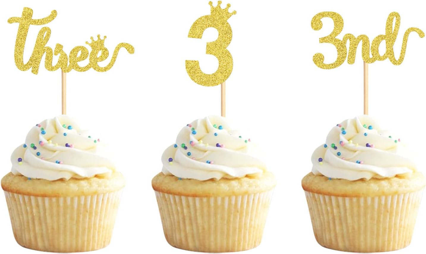 24PCS 3Nd Crown Birthday Cupcake Toppers Three Birthday Three Cupcake Picks Baby Shower Theme Prince Crown Party Cake Decorations Supplies Gold image number 3