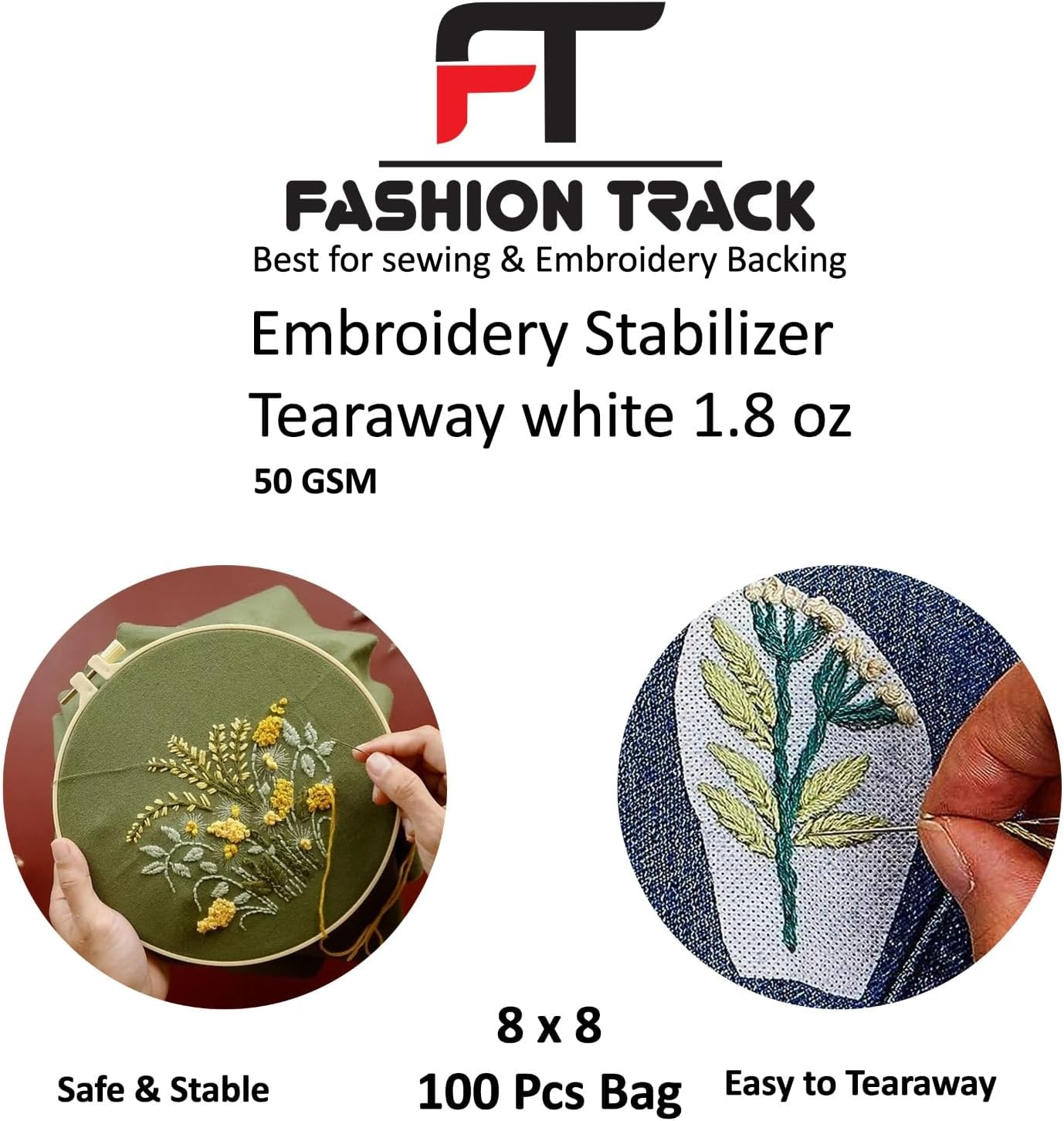 Tear-Away Machine Embroidery Stabilizer Backing 8"X8" (20 X 20 Cm) - 100 Precut Sheets - Hand Sewing Hoops Quilting - Medium Weight 50Gm - Fits Max Embroidery Area (15Cmx15Cm) FT Fashion Track image number 4
