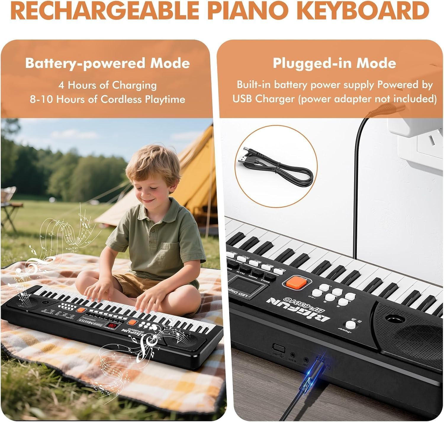 61-Key Kids Piano Keyboard for Beginners - Rechargeable Electronic Music Toy Piano with Music Stand Microphone LED Display AUX in - Birthday for 3-9 Year Old Boys Girls (Black) image number 3