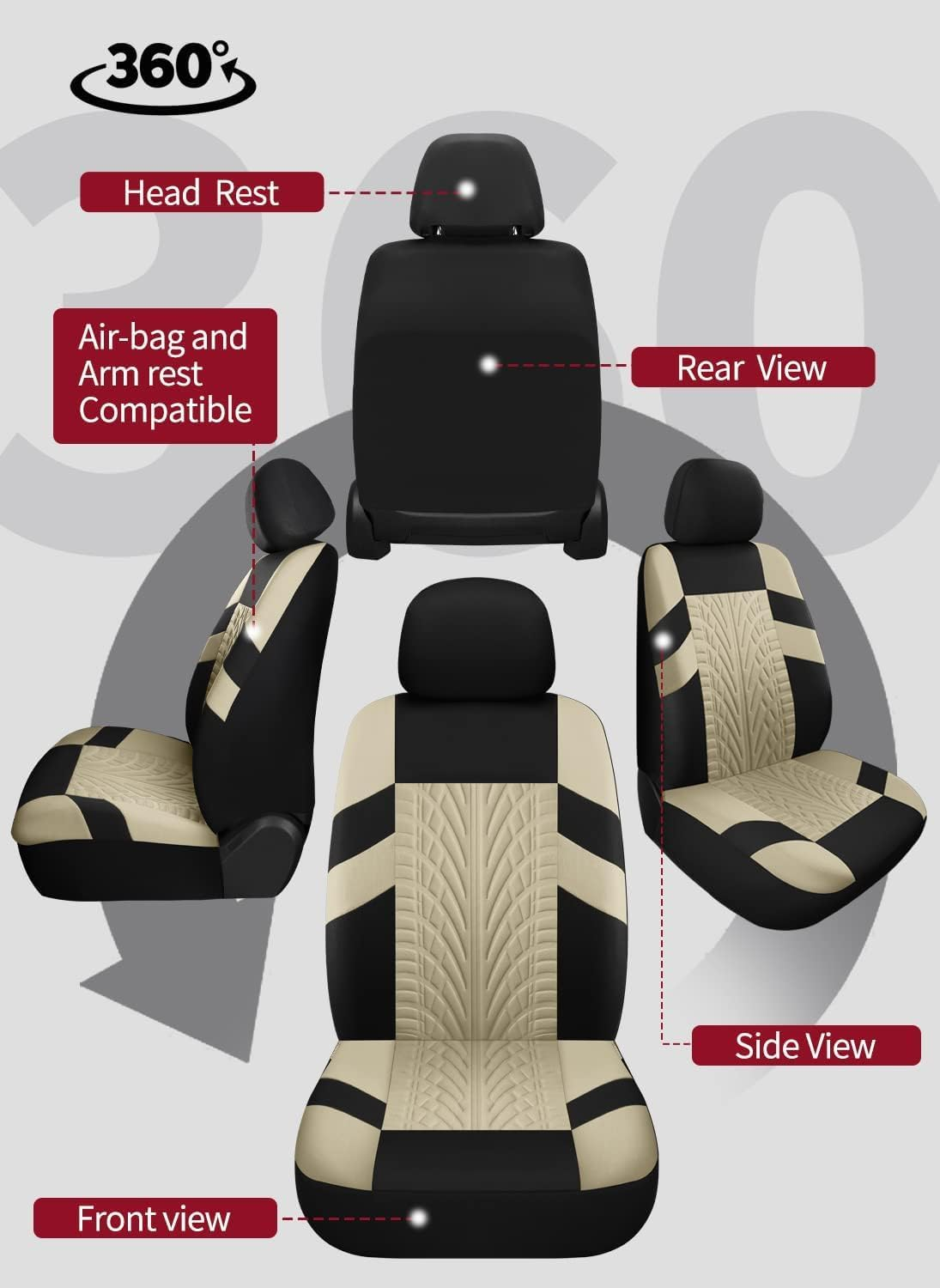 Car Seat Covers Full Set, Front Seat Covers and Split Rear Bench Seat Covers for Car, Universal Cloth Seat Covers for SUV, Sedan, Van, Interior Covers, Airbag Compatible, Black&Beige image number 4