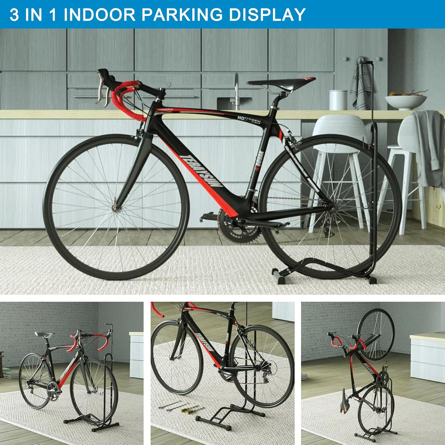 Bike Stand Freestanding Bicycle Stand Space Saving Vertical Bike Storage for Mountain/Road/Kids Bike. Bicycle Floor Parking for Indoor/Outdoor. Bike Rack for Maintenance 3 in 1 Repair Stand. image number 2