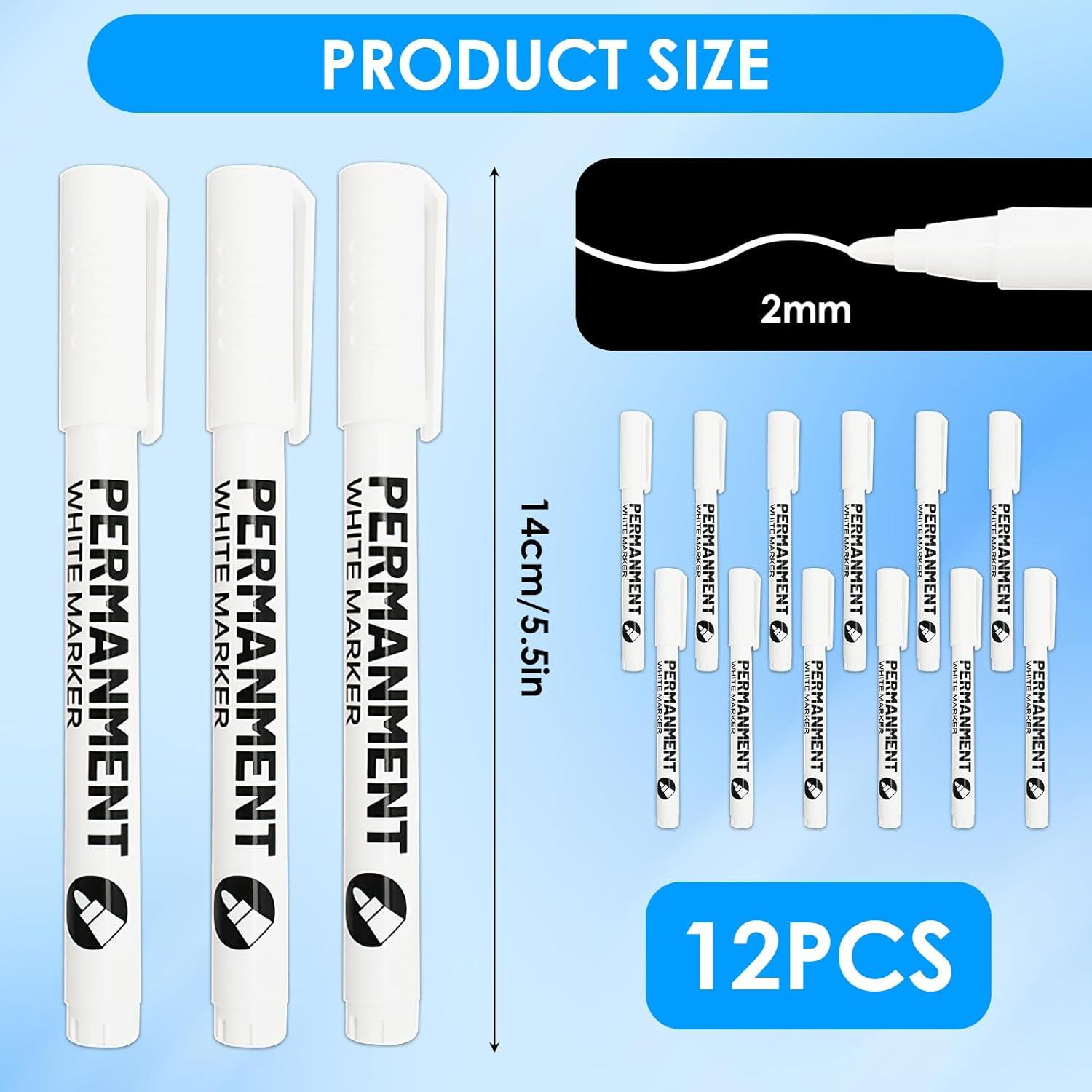 12 Pcs White Permanent Marker Pen, Acrylic Gel Painting Pen for Glass Stone Rock Ceramic Wood Tire Fabric Metal Carton Mobile Phone Case, Water Based Waterproof Quick-Drying Strong-Coverage Highlight image number 6