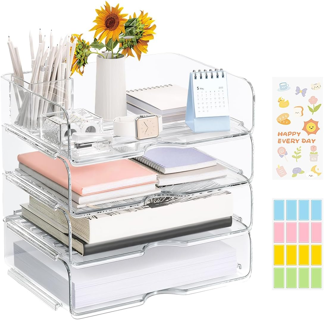 4 Pcs Paper Organizer Letter Tray for Desk, Stackable Clear File Organizer with Label and Sticker for Office, Acrylic Multipurpose A4 Size Paper Holder for Ipad Books Notes Magazine Receipts image number 6