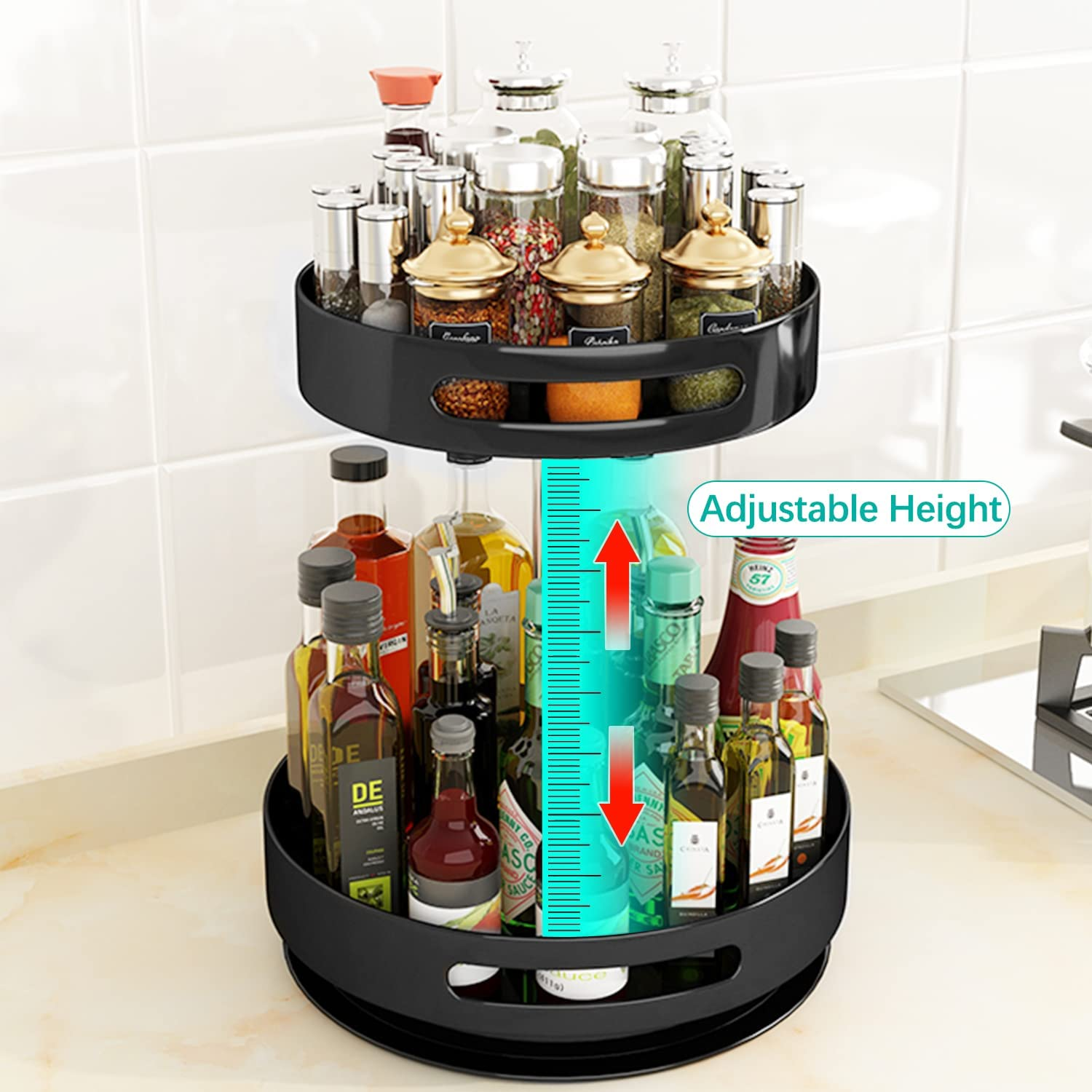 2 Tier Lazy Susan 360&deg; Turntable Kitchen Spice Storage Organizer Rack, Height Adjustable Rotating Tray for Kitchen Cabinet Pantry Bathroom, Condiments Storage Rack image number 1