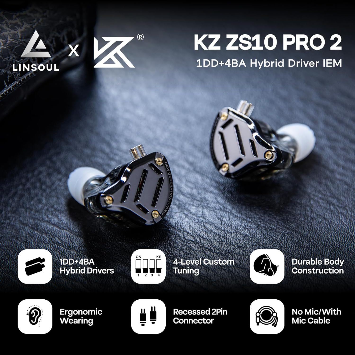 Linsoul KZ ZS10 PRO 2 in Ear Monitor IEM, 1DD+4BA Hybrid Wired Earbuds, with 4-Level Tuning Switch, 3-Way Crossover Gaming Earbuds, Silver-Plated IEM Cable for Musician Audiophile (Black, with Mic) image number 5