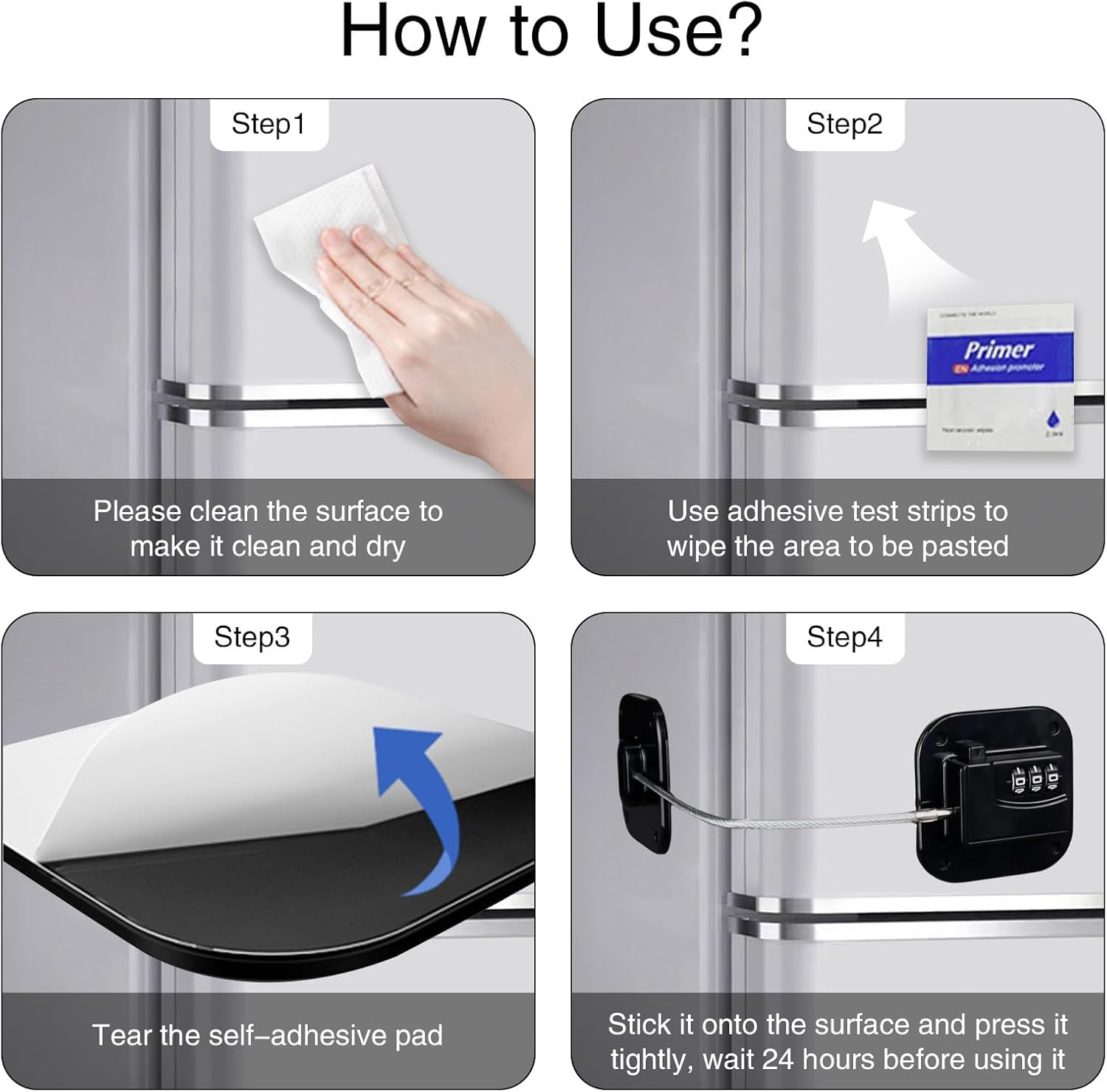 Resettable Code Fridge Lock for Kids,Adults, Heavy Duty Child Safety Locks for French Door Fridge, Cabinet, Pantry, Easy Install No Keys Needed (Black, 4 Pcs) image number 4