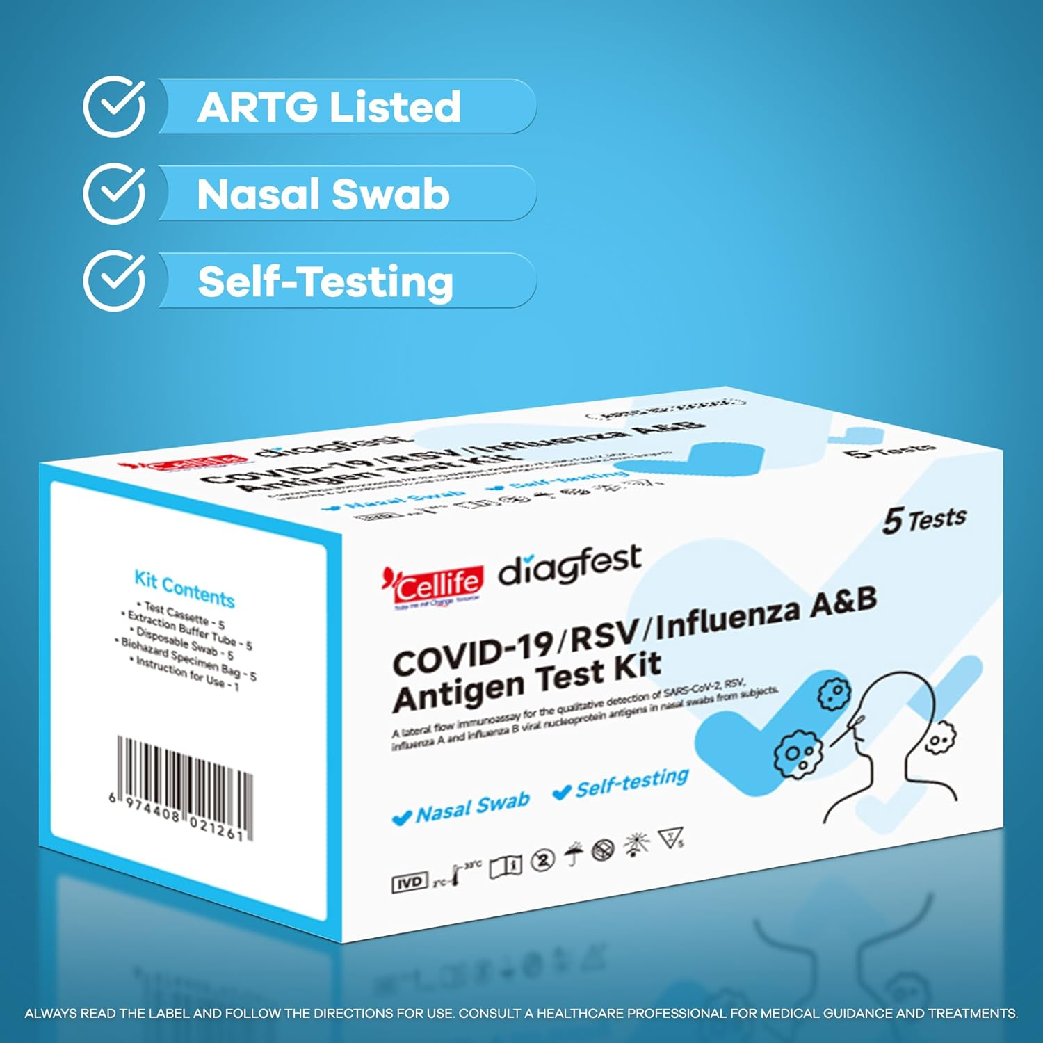 Cellife COVID-19, RSV, Influenza A&B Antigen Test Kit, 3-In-1 Home Self Test, Nasal Swab, Rapid Results in 15 Minutes, 5 Pack (5 Tests Total) image number 2