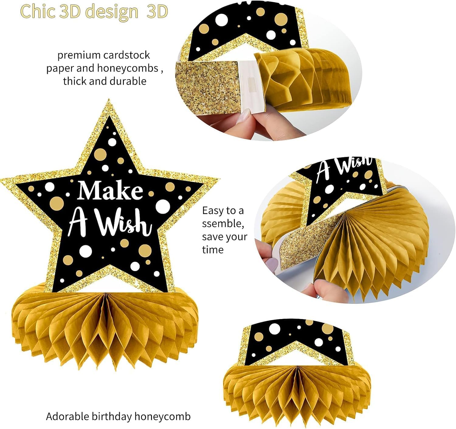 9PCS Black Gold Birthday Centerpieces for Tables Decorations Happy Birthday Honeycomb Table Topper for Party Supplies, Black and Gold, 20*20*1Cm image number 2