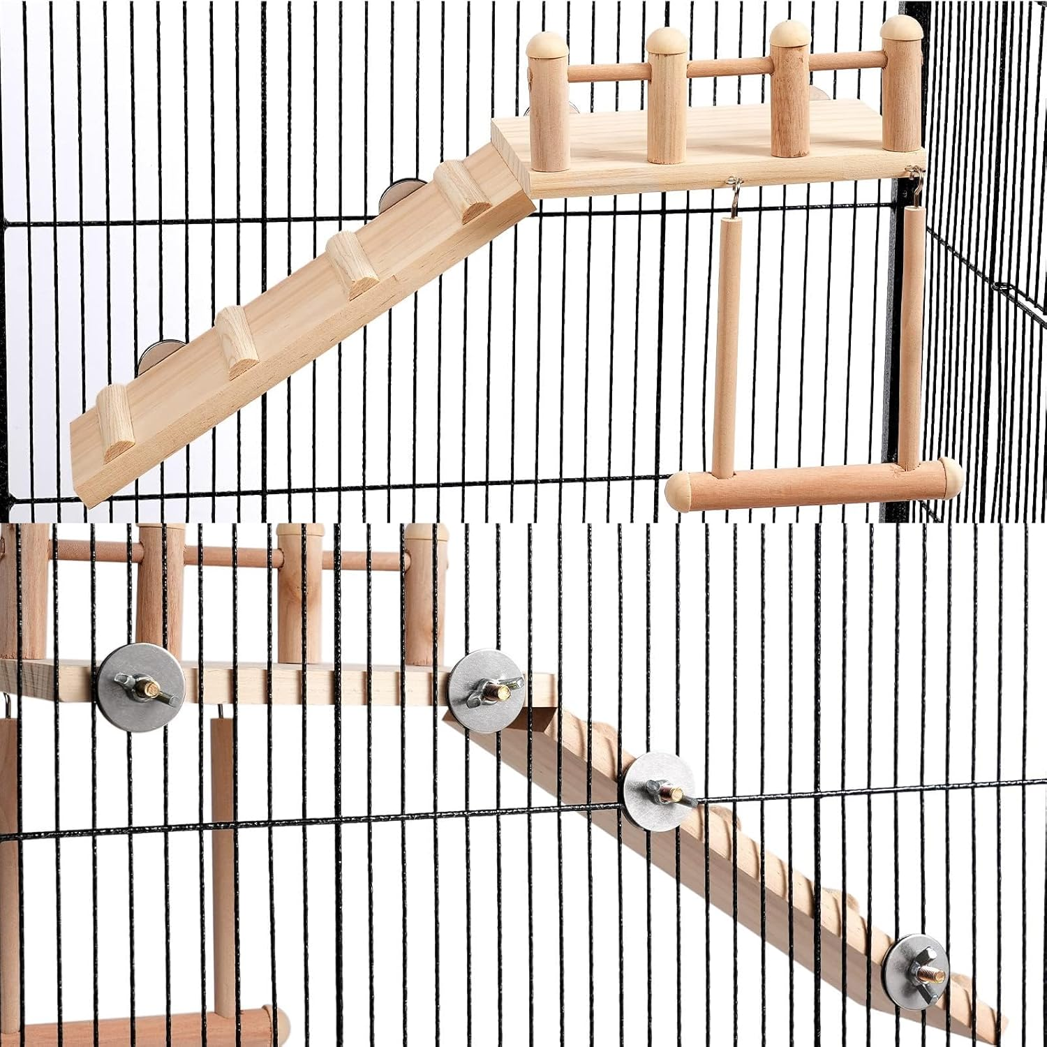 Bird Perches Platform Swing with Climbing Ladder, Parakeet Cage Accessories Wooden Playing Gyms Exercise Sturdy for Small Birds image number 1
