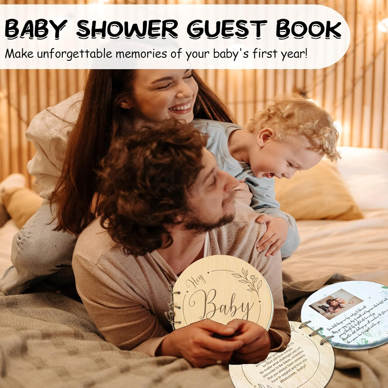 1DFAUL Baby Shower Guest Book Alternatives Girl Boy, 80 Pages Hey Baby Shower Sign in Guest Book with Watercolor Design, Wood Keepsake for New Parents image number 1