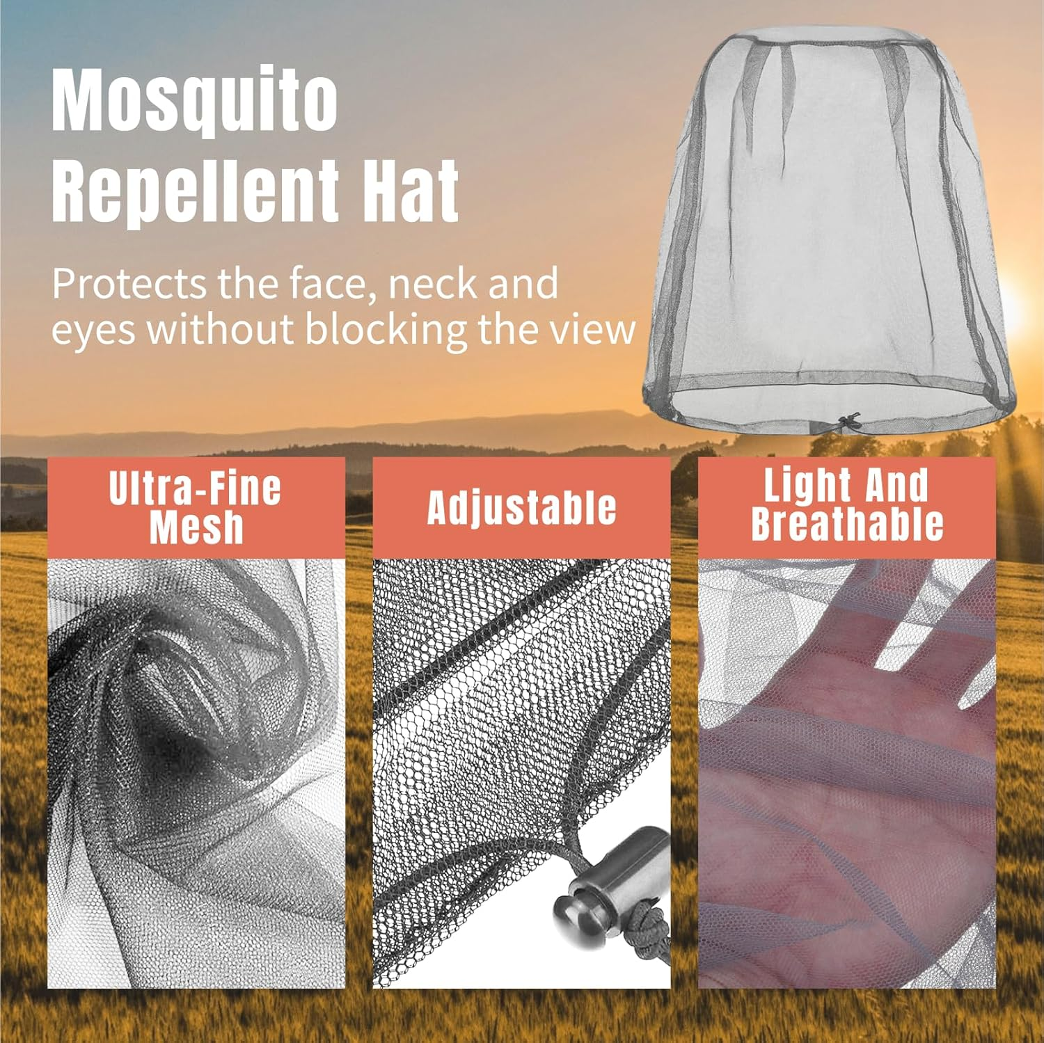 Fly Nets for Head 4 Pack Mosquito Head Nets, Breathable Face Mesh Net with Elastic Band for Ultimate Bug Protection, Outdoor Activities like Hiking, Camping, Fishing, and Travel (Regular Size, Grey) image number 4