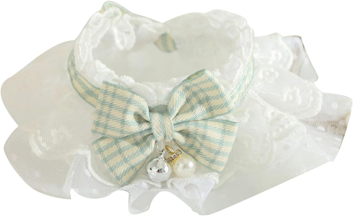 Dog Cat Flora Lace Collar, Puppy Kitten Scarf Necklace Lace Cat Collar with Bow and Bells, Cute Fashionable Pet Neck Scarf Accessories for Dogs Pet Birthday Party Holiday Daily Wear(M-Green)