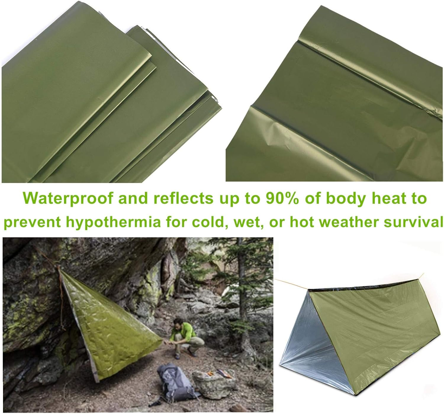 Emergency Survival Shelter Tent, 59 X 98.4Inch Waterproof 2-Person Mylar Thermal Shelter for Hiking Camping (Green)