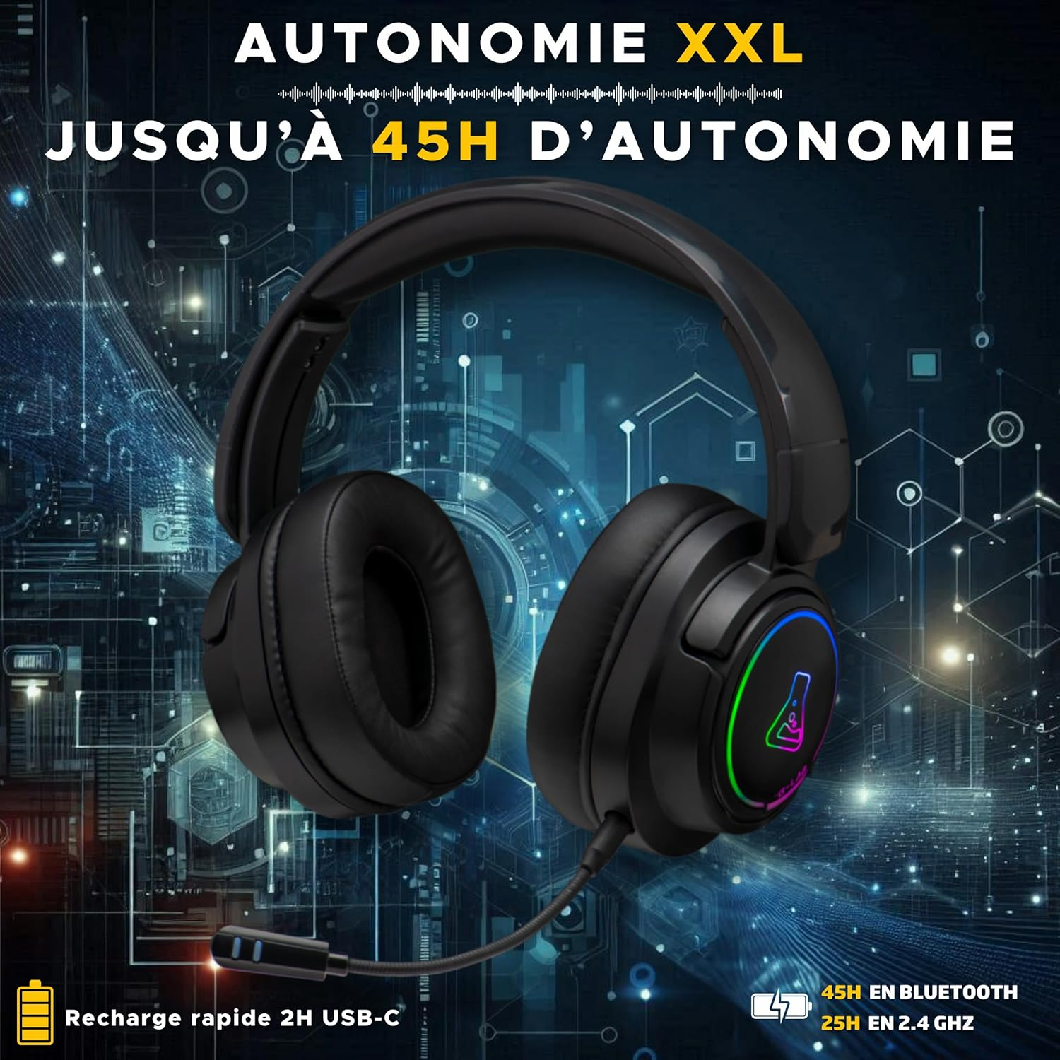 The G-Lab Korp Iridium - Gaming Headset Wireless 2.4Ghz & Bluetooth Audio Detachable Microphone 45 Hours Battery Life RGB Earbuds Faux Leather - Gaming Headset PS5 PS4 PC image number 5