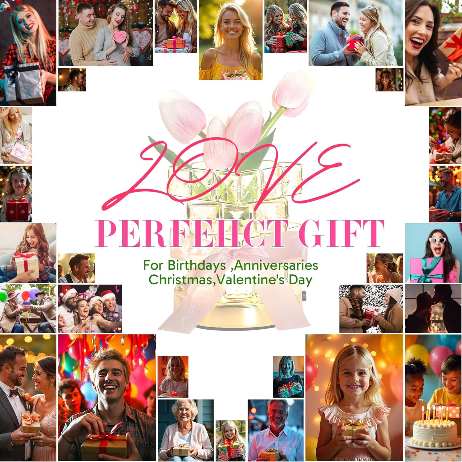 Tulips Flower Lamp,3 Colors Dimmable Crystal Pink Tulip Night Light,Rechargeable Cordless Flowers Table Lamp,Living Room Bedroom Mood Lighting Home Decoration Birthday Gifts for Women Mom (Tulip)