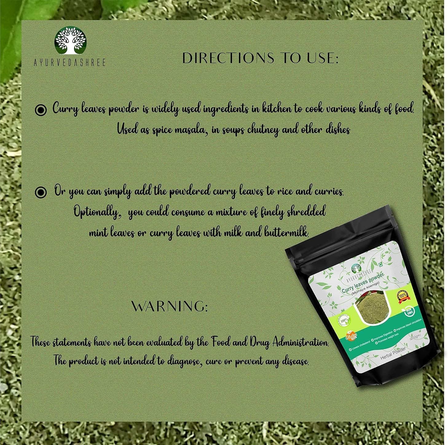 AYURVEDASHREE Curry Leaf Powder 200 Gm | Promotes Hair Growth | Hair Volume | Thicker Hair | Murraya Koenigii | Natural & Food Grade image number 3