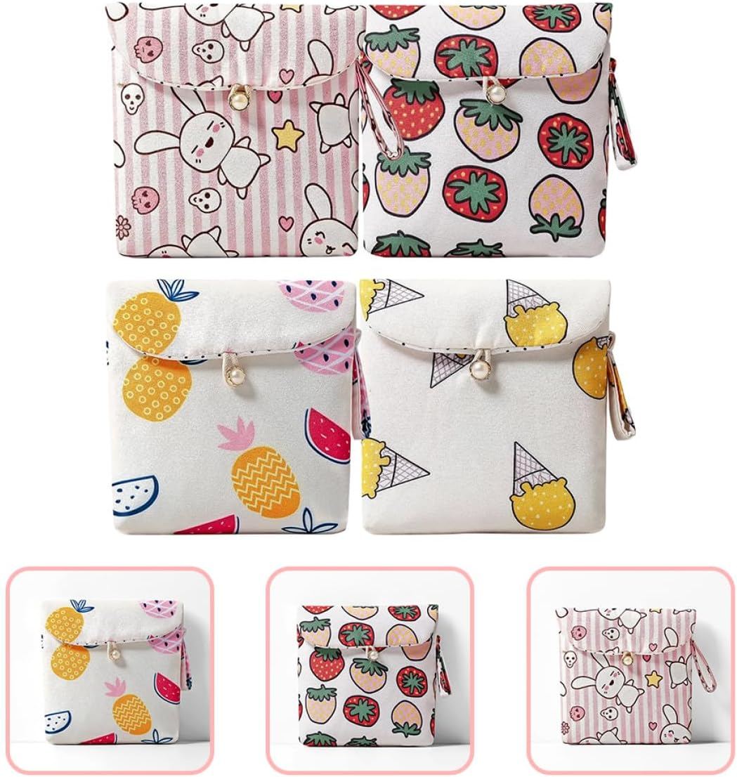 WEKAMOS 4Pcs Portable Sanitary Napkin Pouch Set Cartoon Prints, Lightweight Period Storage Bags for Travel and Daily Use, Multi-Compartment Sanitary Pads and Tampon Holder image number 6