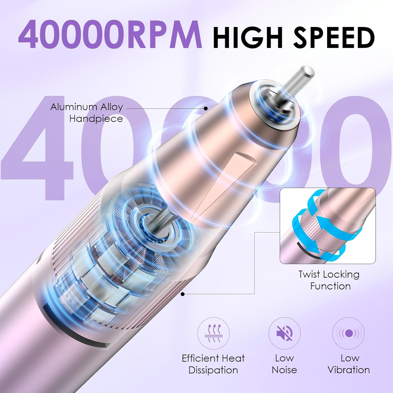 HOMEASY Electric Nail Drill Machine, 40000RPM Professional Nail Kit with 15 Drill Bits, Portable Nail File Electric Nail Filer for Acrylic Nails Gel Polishing Removing for Salon Home (Purple) image number 4