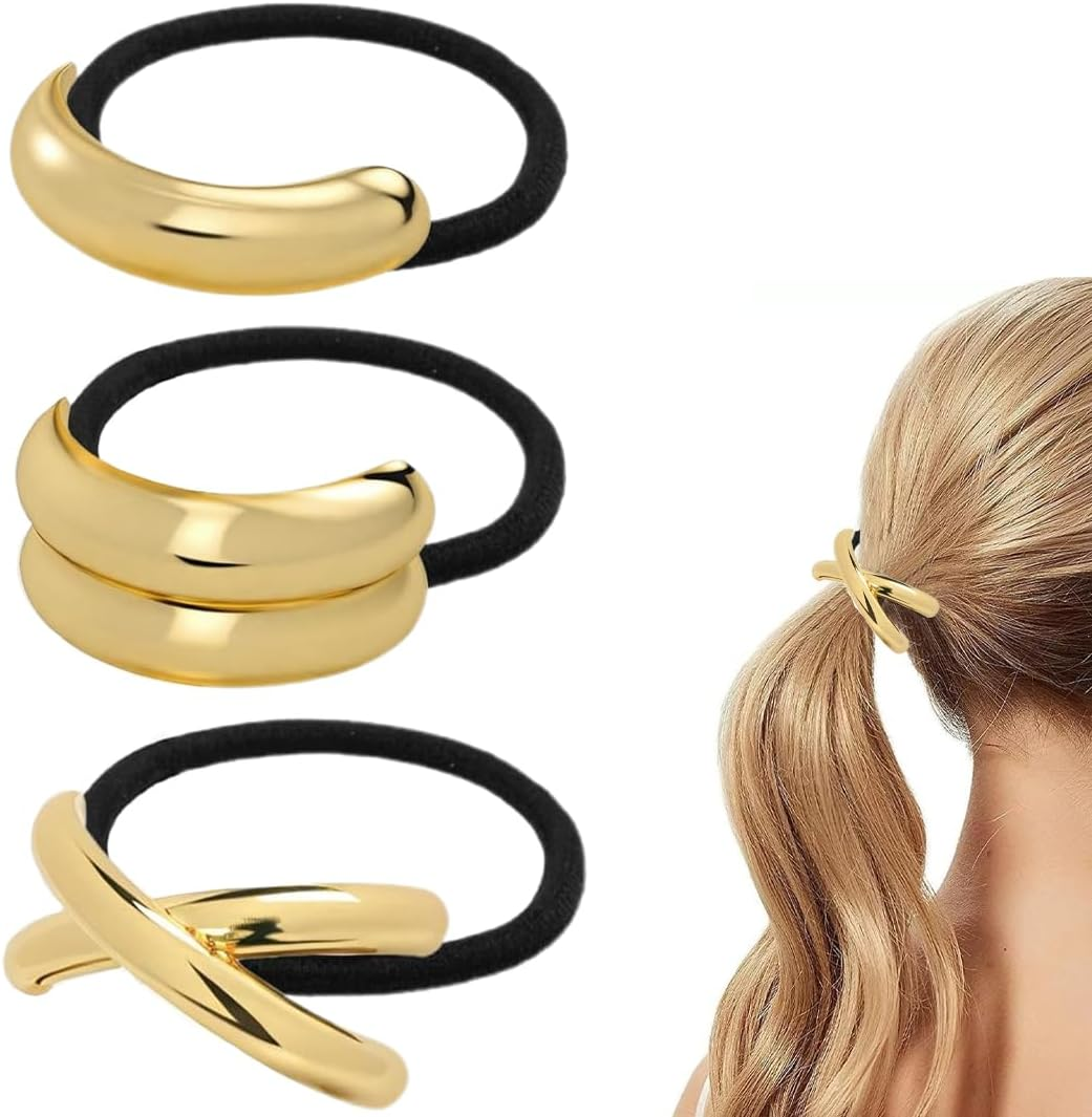 MIRKUZI Hair Bobbles 3 Pack Metal Hair Bobbles Ponytail Elastic Hair Ties Golden Metal Hair Bobbles for Thick Hair Hair Accessories for Ponytails for Women