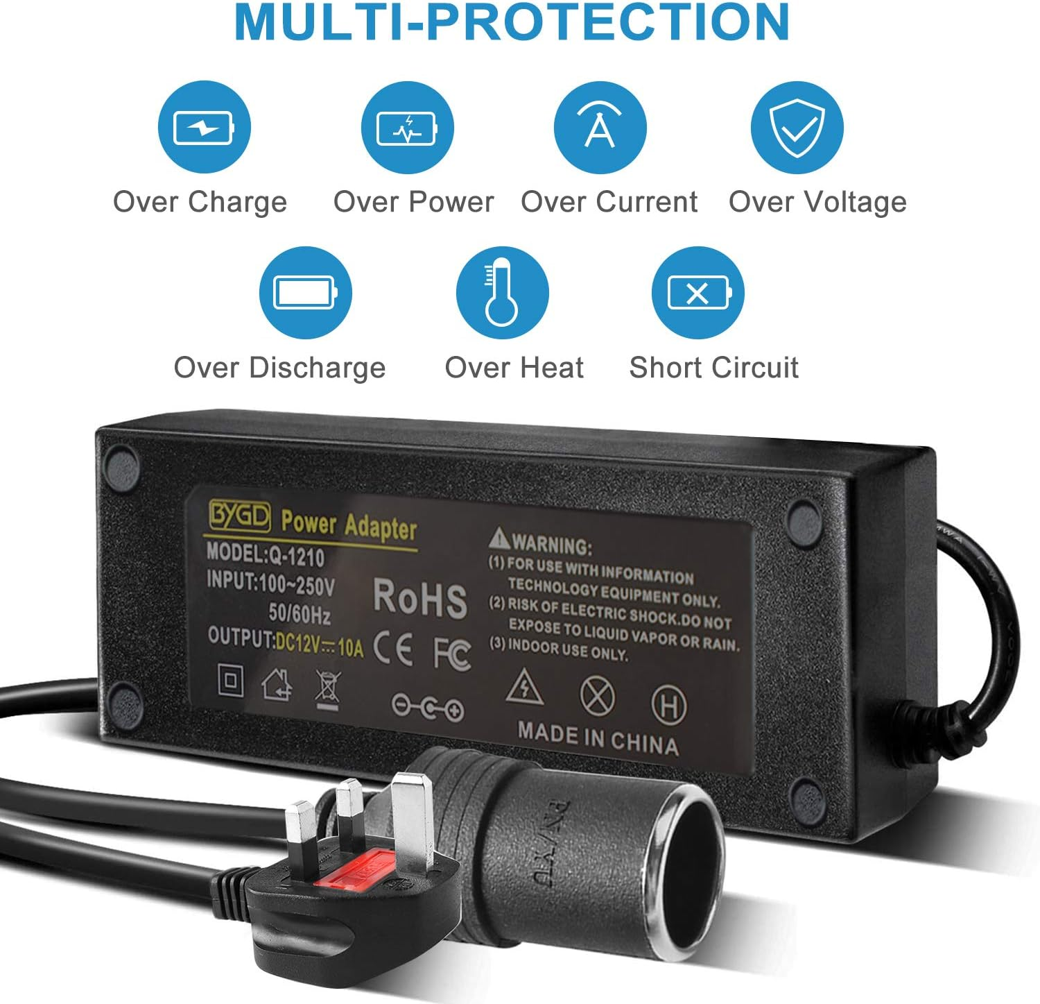 BYGD AC to DC Converter, 100V ~ 240V to 12V 10A 120W, Car Cigarette Lighter Socket AC/DC Power Supply Adapter Transformer for Tire Inflator, Car Refrigerator, Car Vacuum Cleaner, and Other Car Devices image number 3
