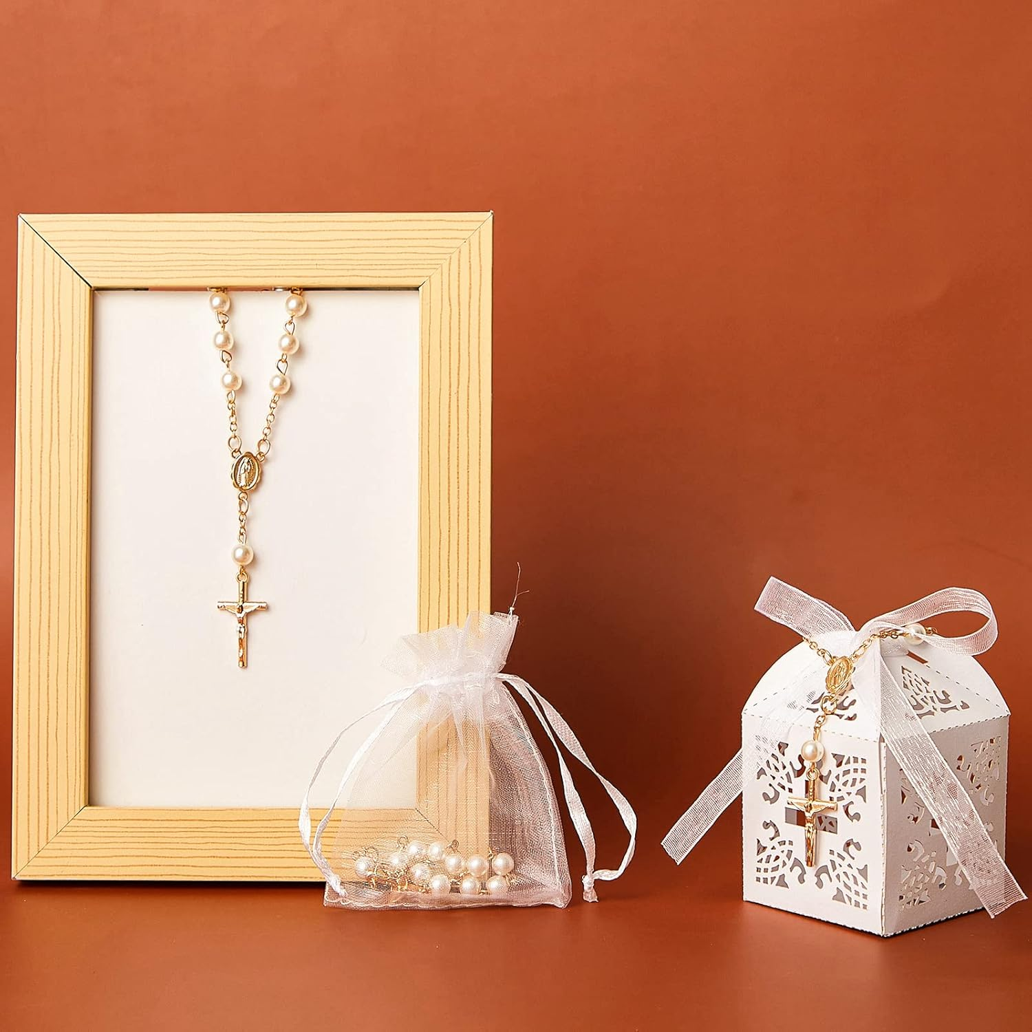 50 Packs Baptism Favors Set Acrylic Rosary Beads Faux Pearls with Organza Bags and Cross Baptism Favor Boxes Recuerdo De Boda Y Bautizo for Christening Weddings Party Favors(Gold Pearl Bracelet) - Silver image number 2