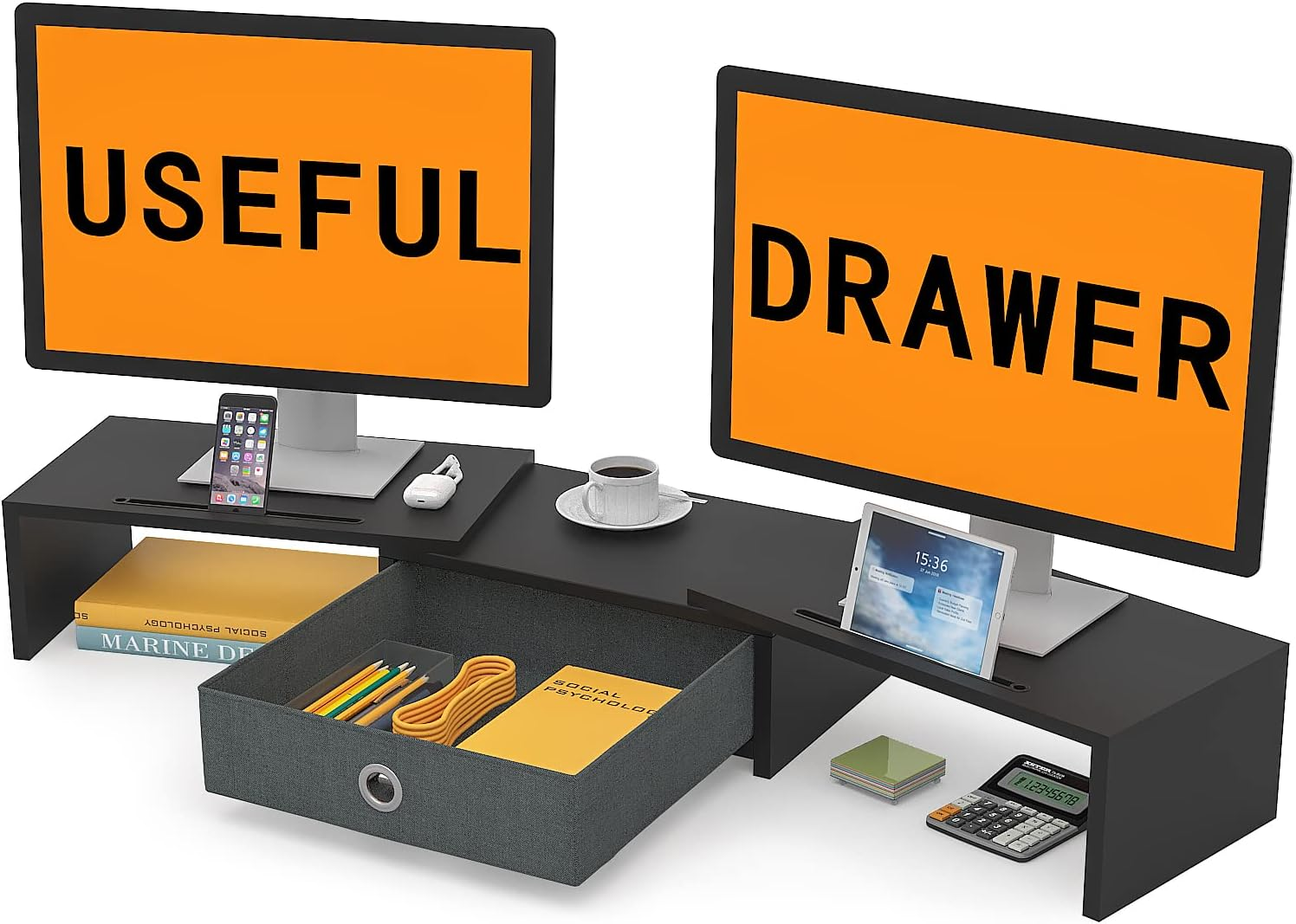 WESTREE Dual Monitor Stand with Drawer 3 Shelf Computer Monitor Riser, Desktop Stand Adjustable Length and Angle, Home Office Desk Accessories Supplies, White