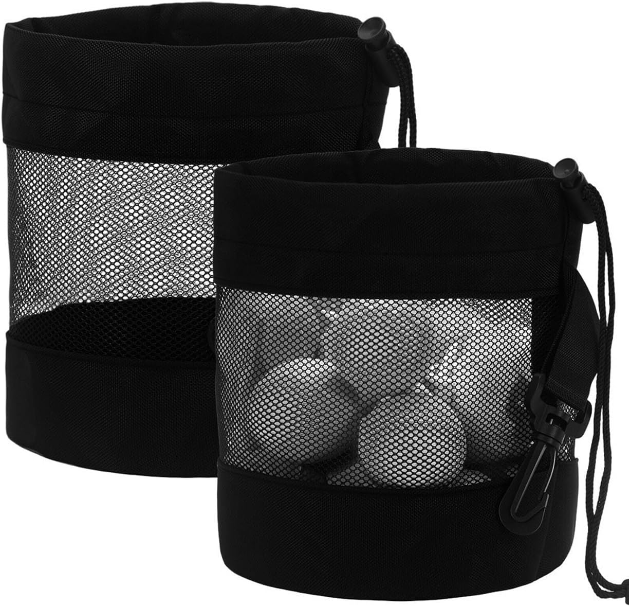 Golf Ball Storage Bag with Hooks 2 Pack, Durable Nylon Drawstring Pouch for Golf Accessories & Outdoor Sports Equipment (Black) image number 6