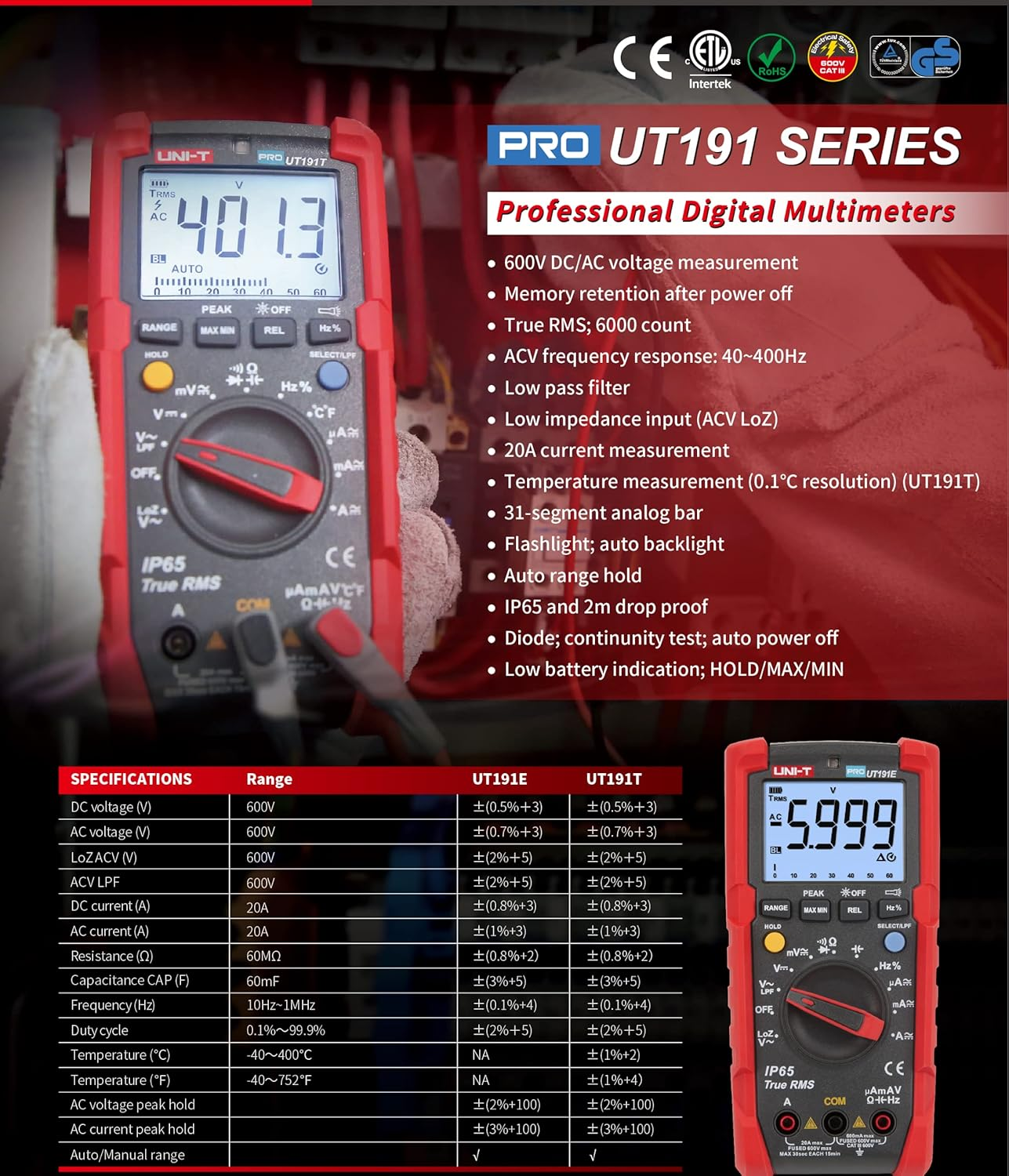 UNI-T UT191 Series Professional Digital Multimeter Pro Line, Complies with CAT III 600V and IP65 image number 1
