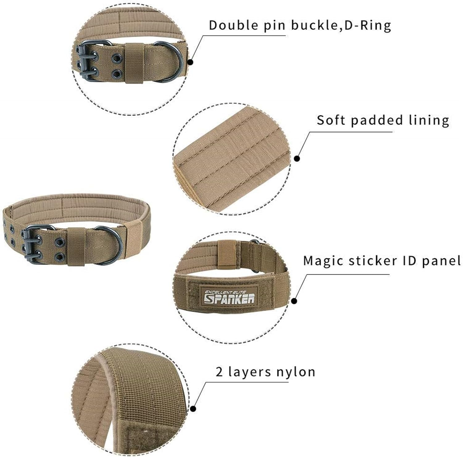EXCELLENT ELITE SPANKER 1.5" Width Military Dog Collar Adjustable Metal D Ring & Buckle Working Dog Collar for Medium Large Dogs (Coyote Brown-Xl) image number 4