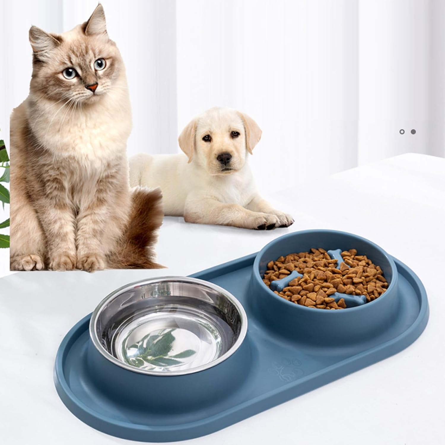 Double Pet Bowls, Dual Dog Feeder Bowls Silicone Stainless Steel Cat Food Water Bowls, Dog Bowls Set Cat Food Bowl Dog Water Bowl Pet Feeder Dish Slow Feeder for Small Large Pets(Blue) - Orange image number 4