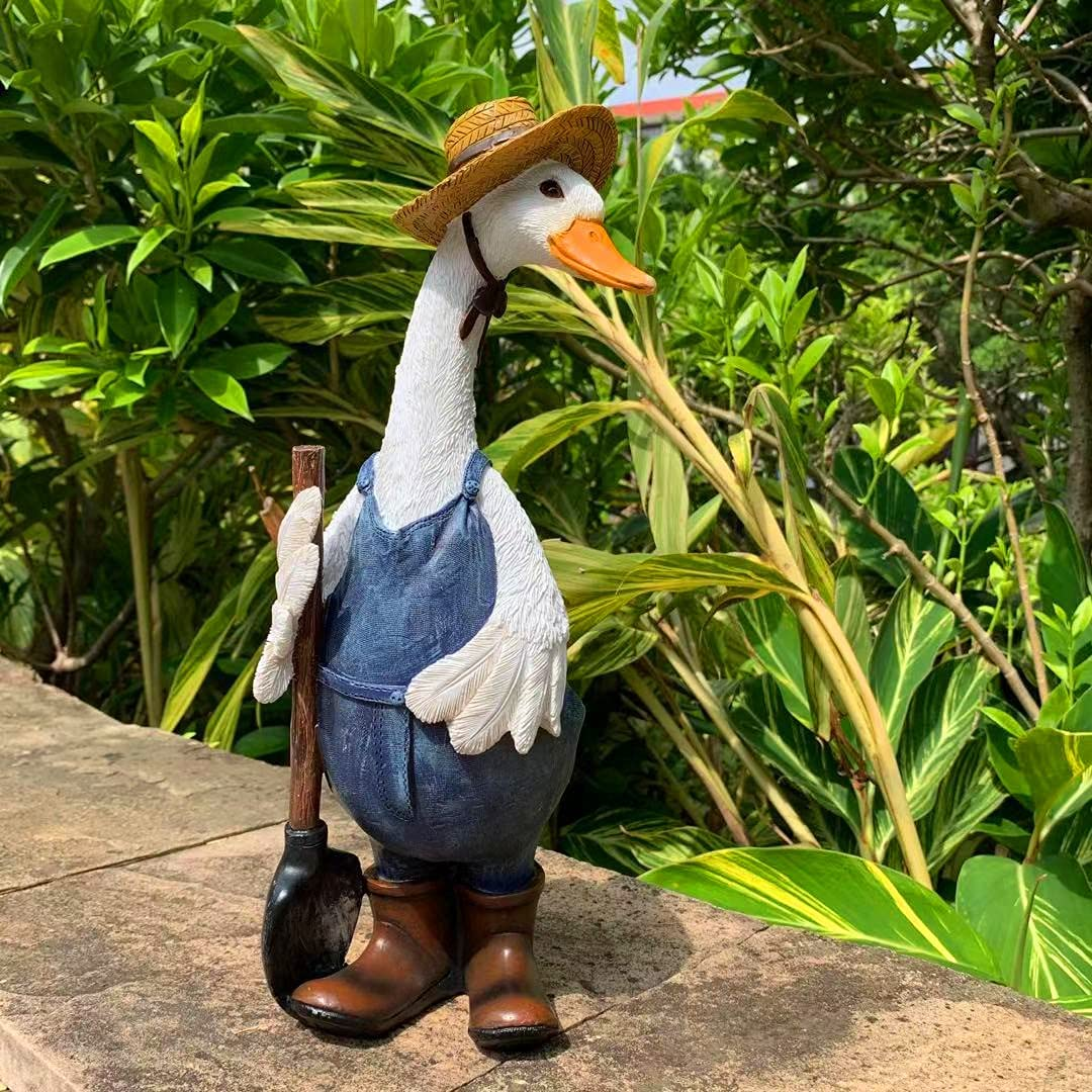 Ironrain Garden Statues Gardener Couple Duck, Indoor Outdoor Decorations Cute Ducks Art D&eacute;cor Goose Figurine Ornament for Yard Home Garden Patio and Office (Male)