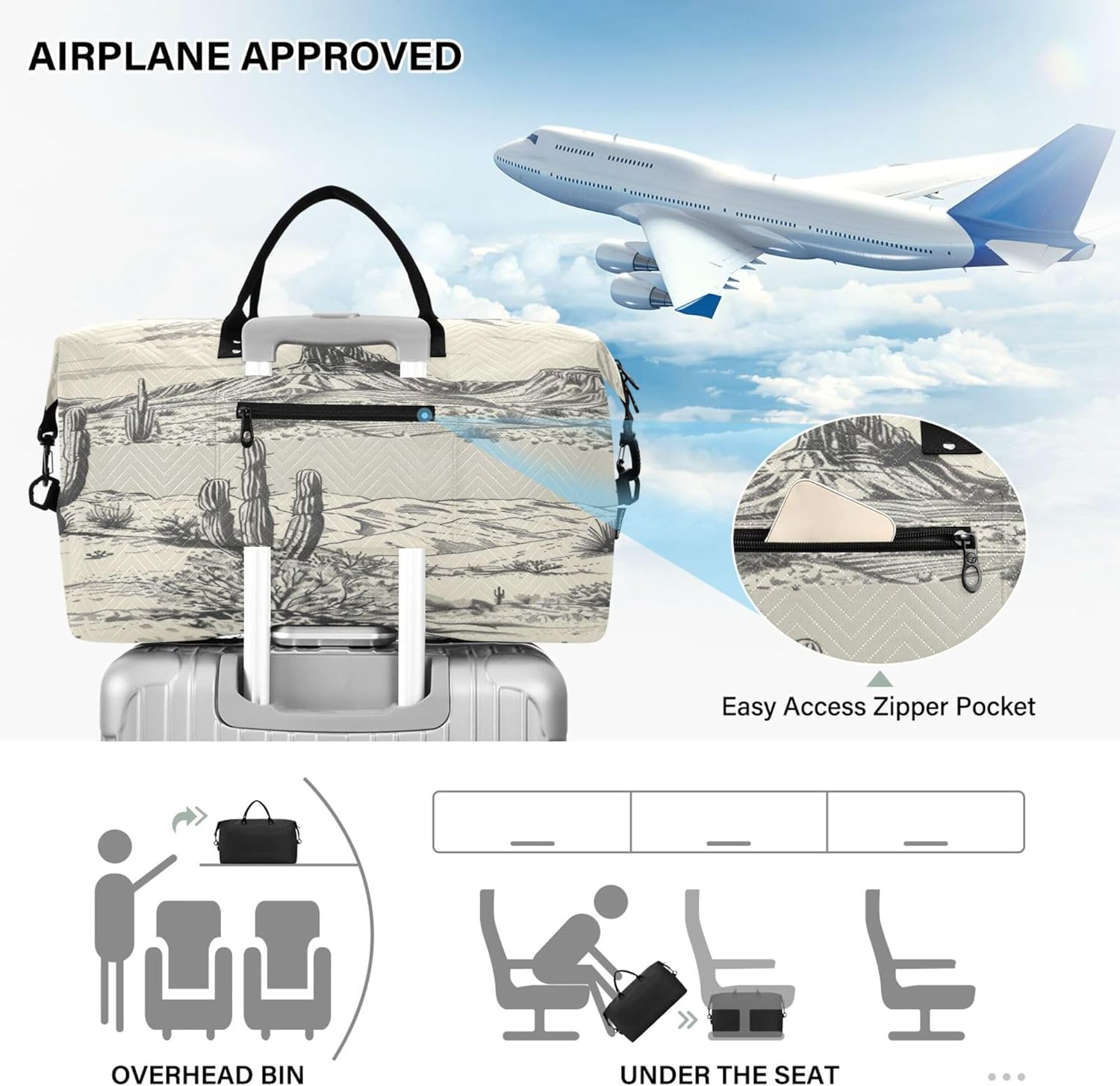 Duffel Bags Tote Bag Large Carry on Bag with Toiletry Bag for Gym Foldable Desert Landscape Mountains Cacti Cowboy, Multi, One Size, Modern/Fitted, Multi, One Size, Modern/Fitted image number 3