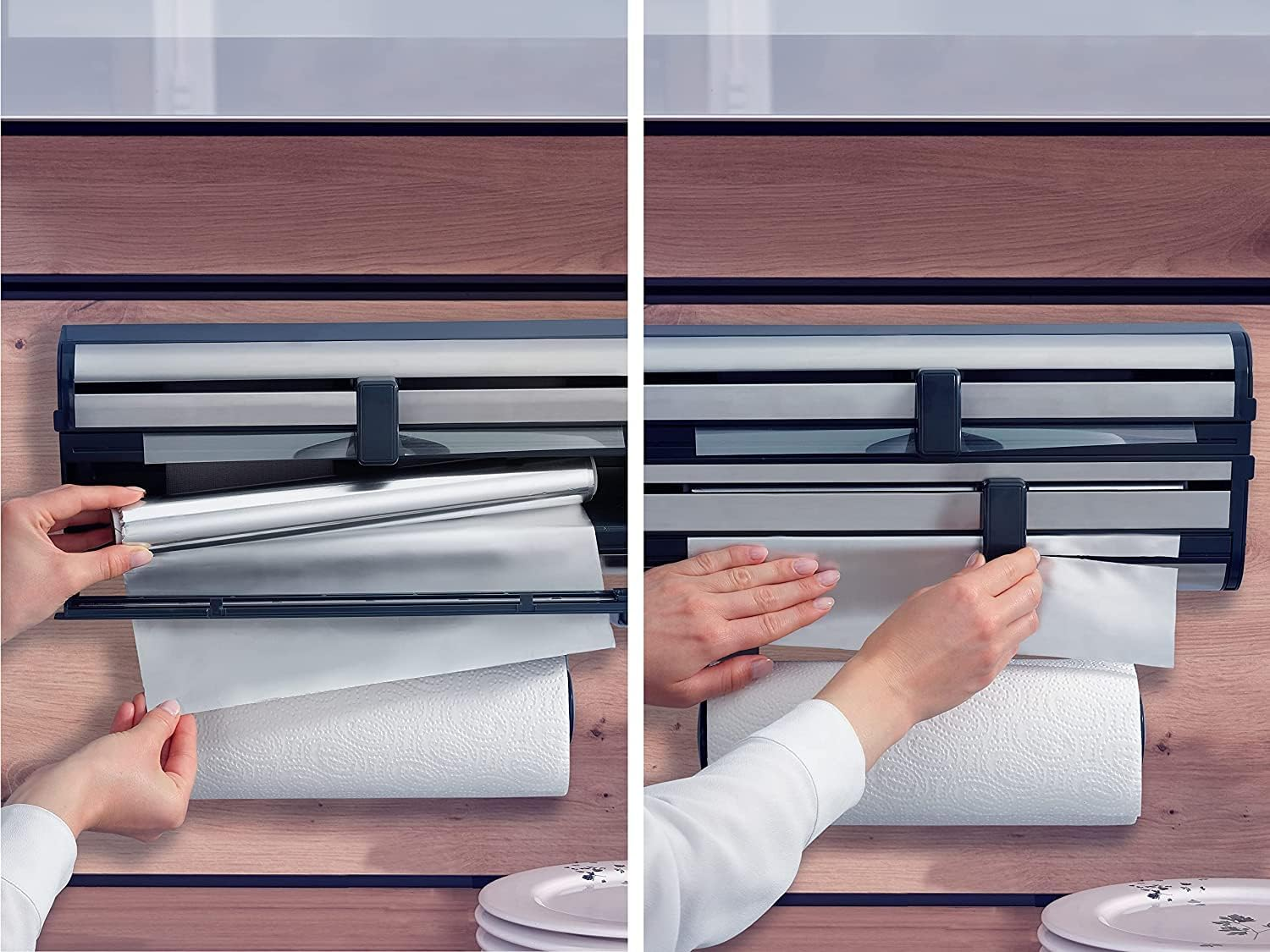 Leifheit Parat Royal 2.0 Wall Holder for 3 Rolls, Kitchen Roll Holder for Smooth Cut Edges, Paper Roll Holder for Handy Films, Foil Cutter with Razor-Sharp Blades Silver 38.5 X 16.2 X 8.5 Cm 25793 image number 1