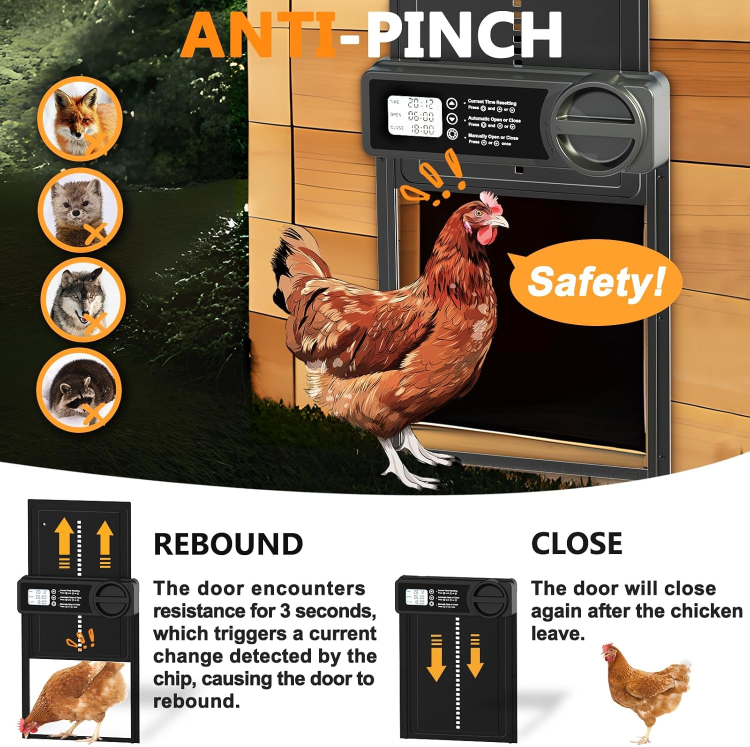 INNOLAND Automatic Chicken Coop Door with Timer/Manual Mode, Aluminum Alloy Chicken Door | Anti-Pinch | Large Programmable LCD Screen, Chicken Door with Low Battery Warning image number 3