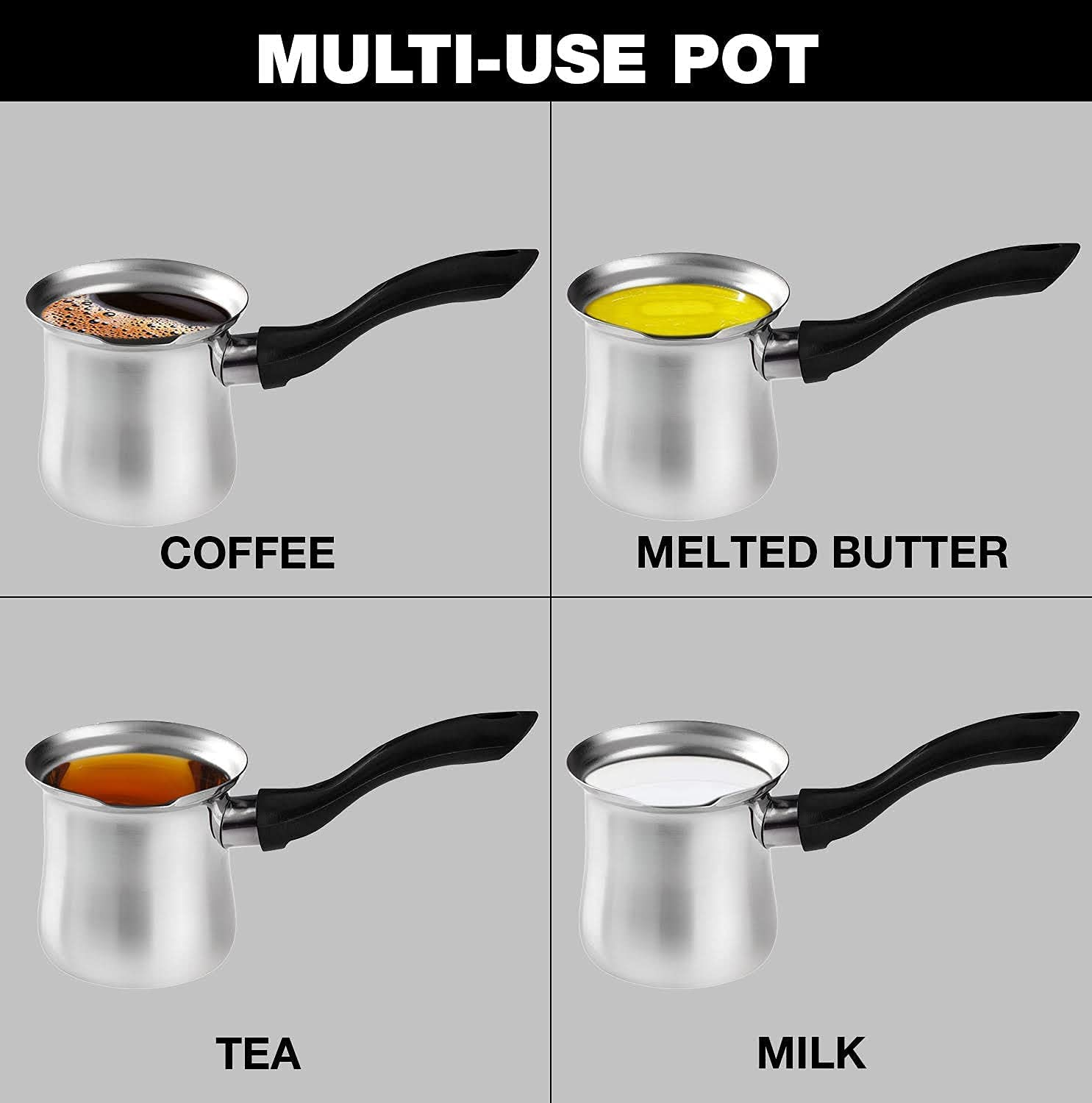 DESTALYA Turkish Coffee Pot Stainless Steel | Ibrik Cezve Briki Arabic Greek Pot, Chocolate Milk Warmer, Sauce Maker | Small Hot Pot with Spout for Stove Top (Coffee Pot Black)