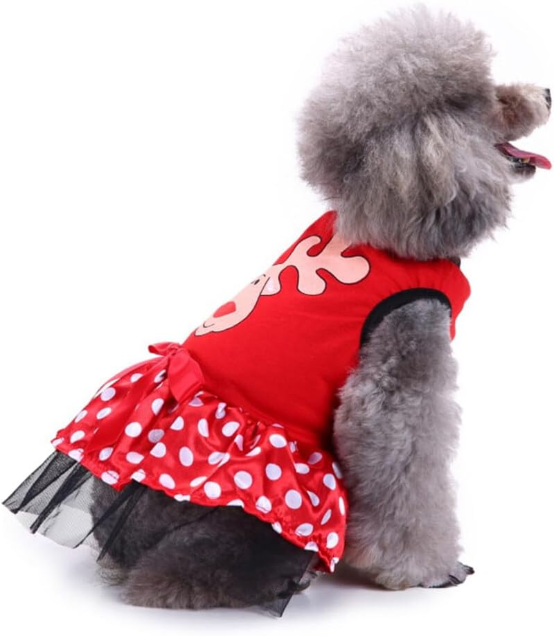 POPETPOP Reindeer Face Puppy Dog Dress Christmas Dog Costume Red Xmas Tutu Skirt for Pet Dogs (Size XL) image number 6